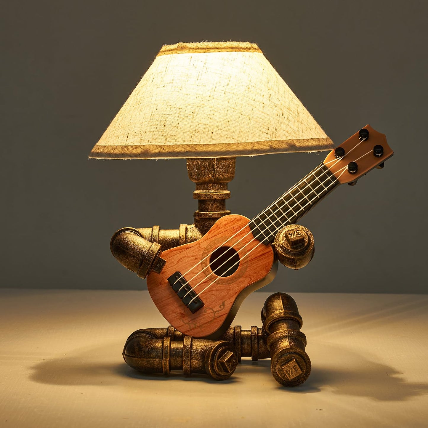 Lovefindahome Vintage Industrial Robot Guitar Table Lamp with Bulb - Remote Control,Timer,Dimmable - Cool Gifts for Music Lovers,Men,& Musicians - Steampunk & Retro Style Bronze