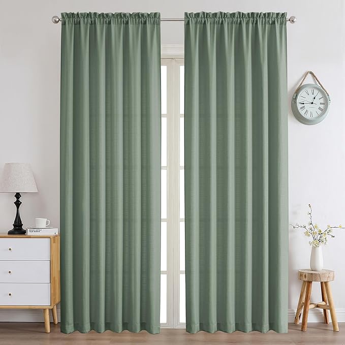 Chyhomenyc Sage Green Curtains 96 Inch Length 2 Panels Set, Faux Linen Textured Semi Light Filtering Soft Airy Farmhouse Window Curtain Drapes for Living Room Bedroom, 50Wx96L