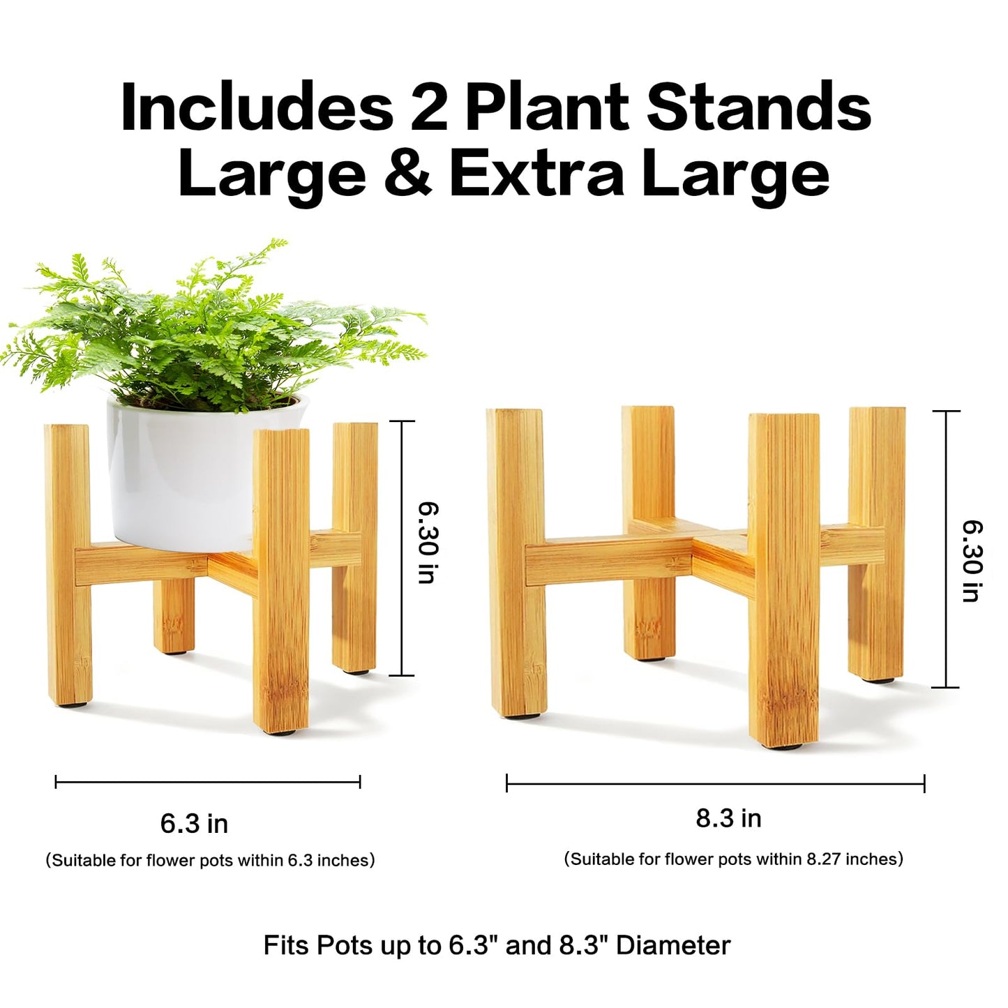 AZY Plant Stand Indoor 2 Pack, Adjustable Bamboo Wooden Plant Holder Fits 6.3" & 8.3" Pots, Modern Planter Stand Small Plant Shelf for Home Decor