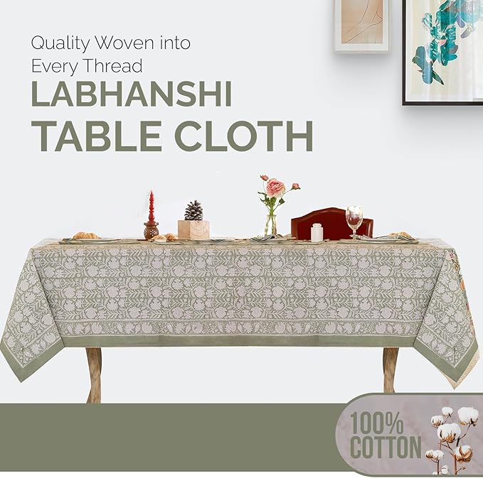 Labhanshi Indian Handblock Print Pre-Washed Cotton Floral 60x90 Inch Rectangle 6-Seater TableCloth|Rustic Farmhouse Decorative Party Event Wedding Banquet Thanksgiving Festive holiday Decor|Sage Green