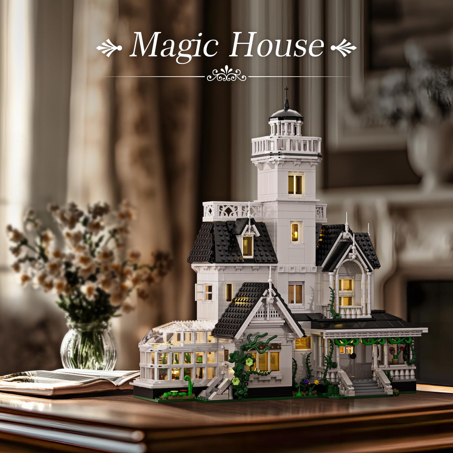 Magic House Building Set with LED Light, Owens House Blocks Toy, Creator Architecture Model Building Kit, Compatible with Lego Horror House, Home Office Decor Gift for Adults (1877PCS)