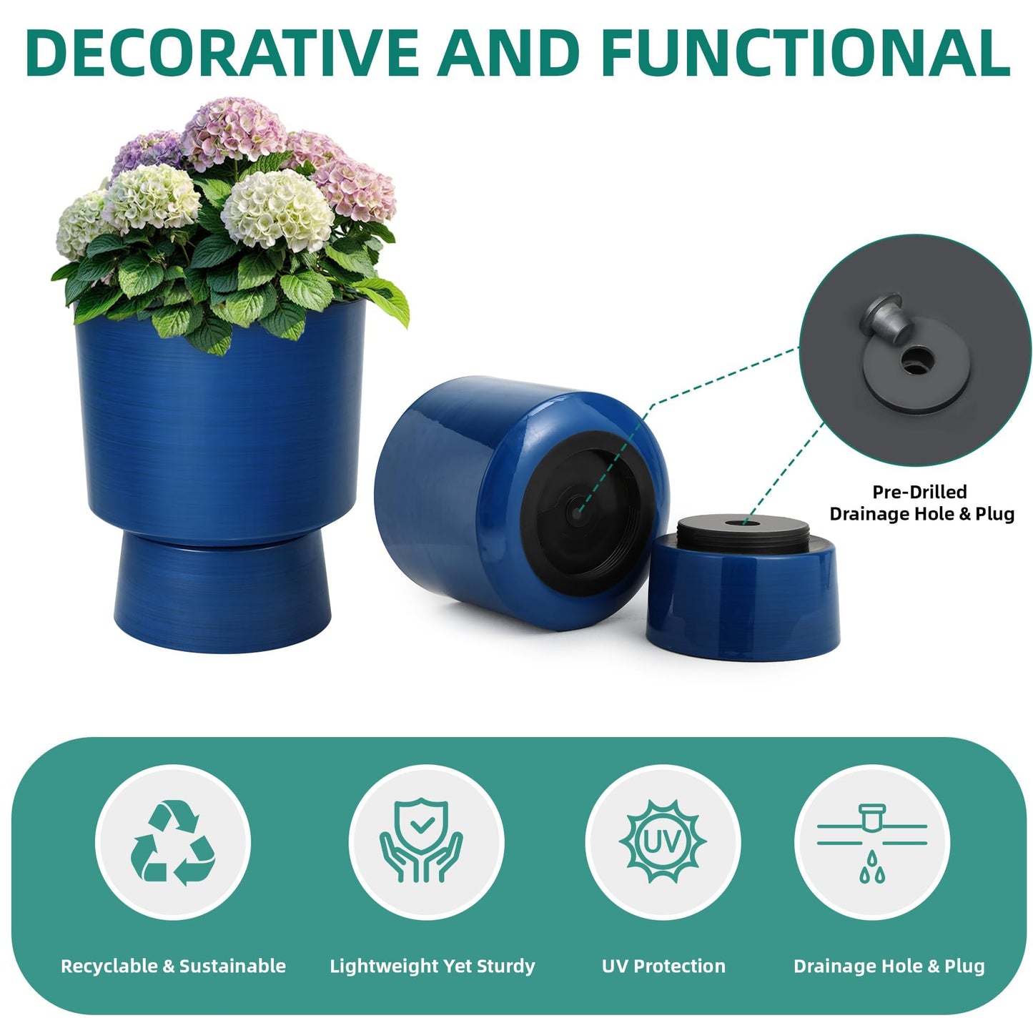 Ultym 16.8" 2-Pack Urn Planters for Outdoor Indoor Plants, Modern 2-in-1 Large Flower Pots with Detachable Base, Drainage Holes, Weather-Resistant for Garden Patio Home Office Decor, Brushed Blue