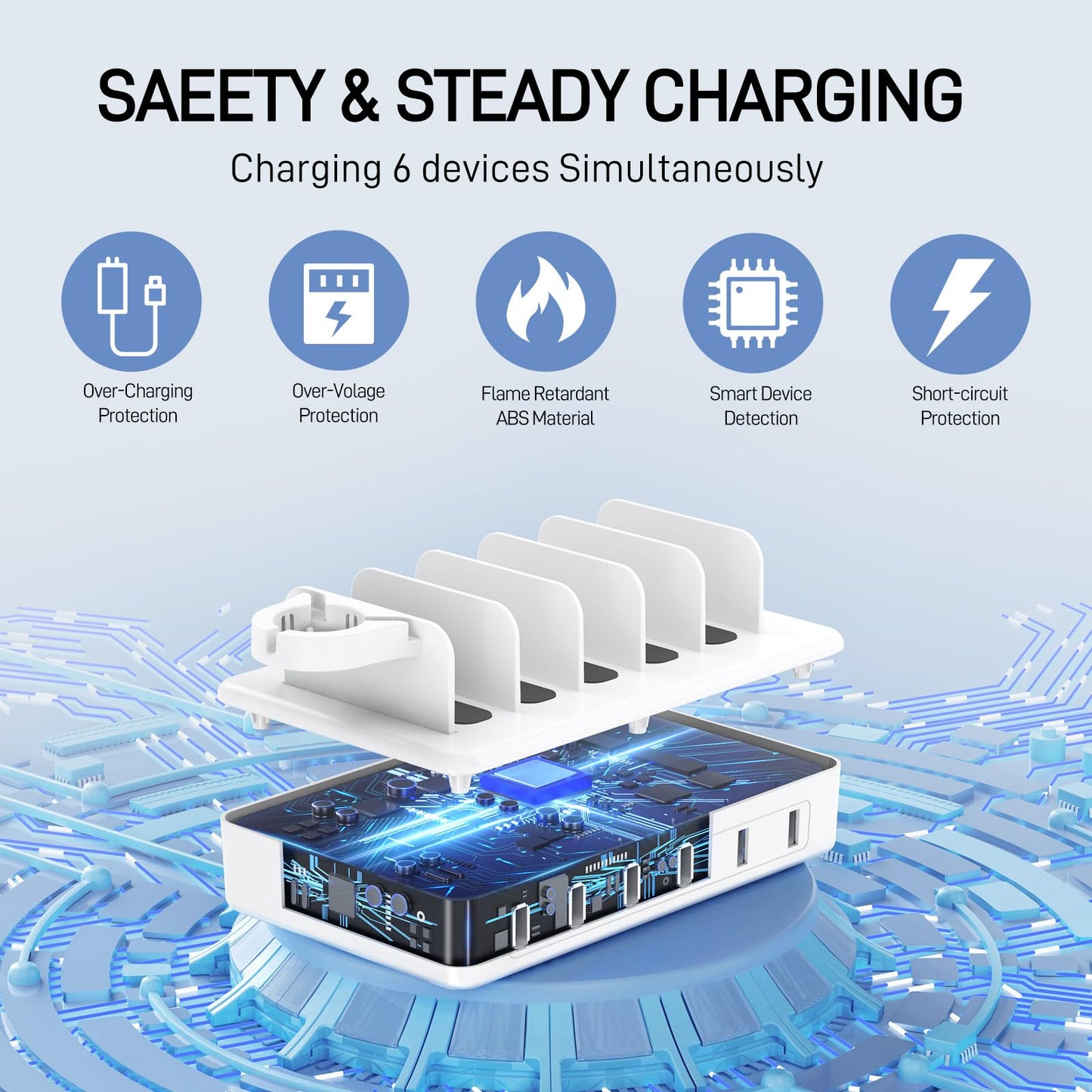 CREATIVE DESIGN Charging Station for Multiple Devices, 50W 6 Ports Charging Dock with 6 Cables Compatible with Cellphone,Tablet, Kindle, Apple Watch and Other Electronic