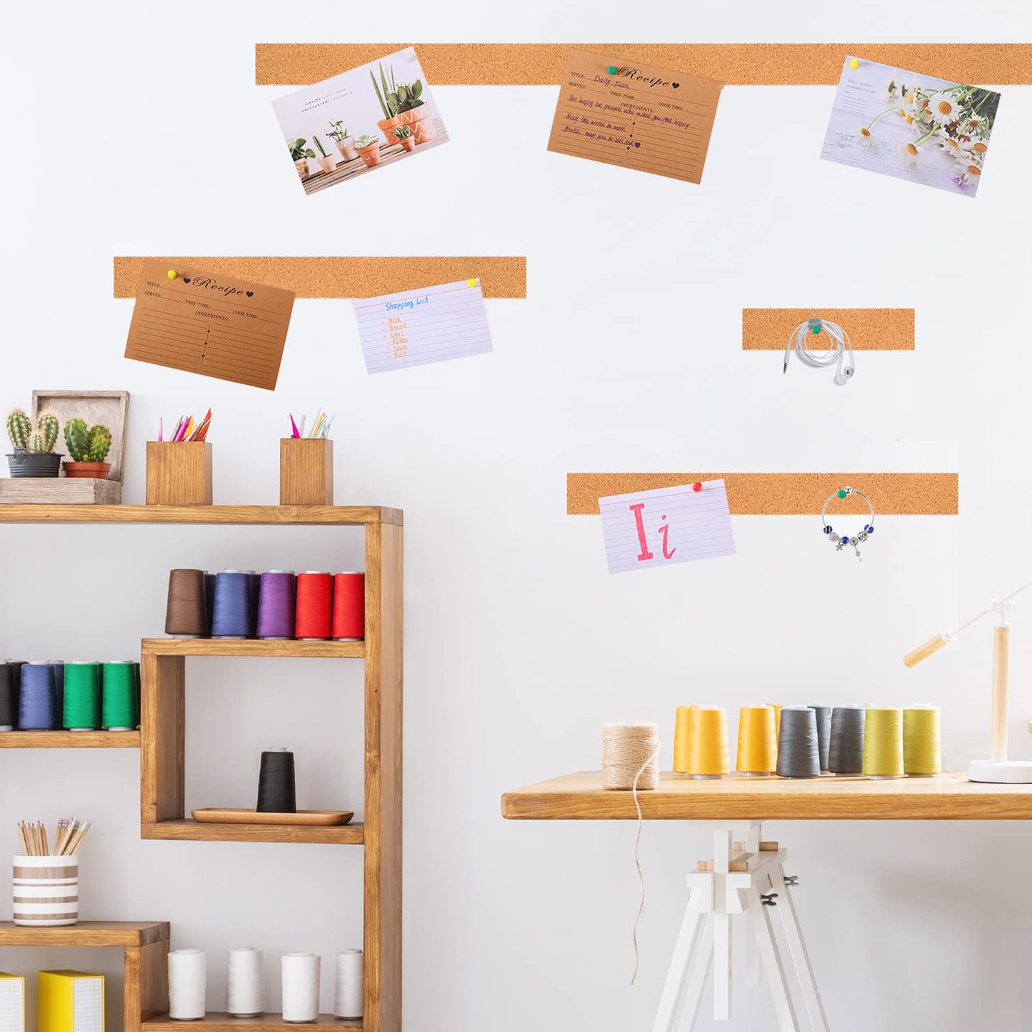 Nuanchu 158 x 1.6 Inch Cork Strips Bulletin Bar Strips Frameless Cork Board with 1 Roll Double Side Tape 100 Push Pins for Classroom Walls School Home Office Notes Photos Decorations(Brown)