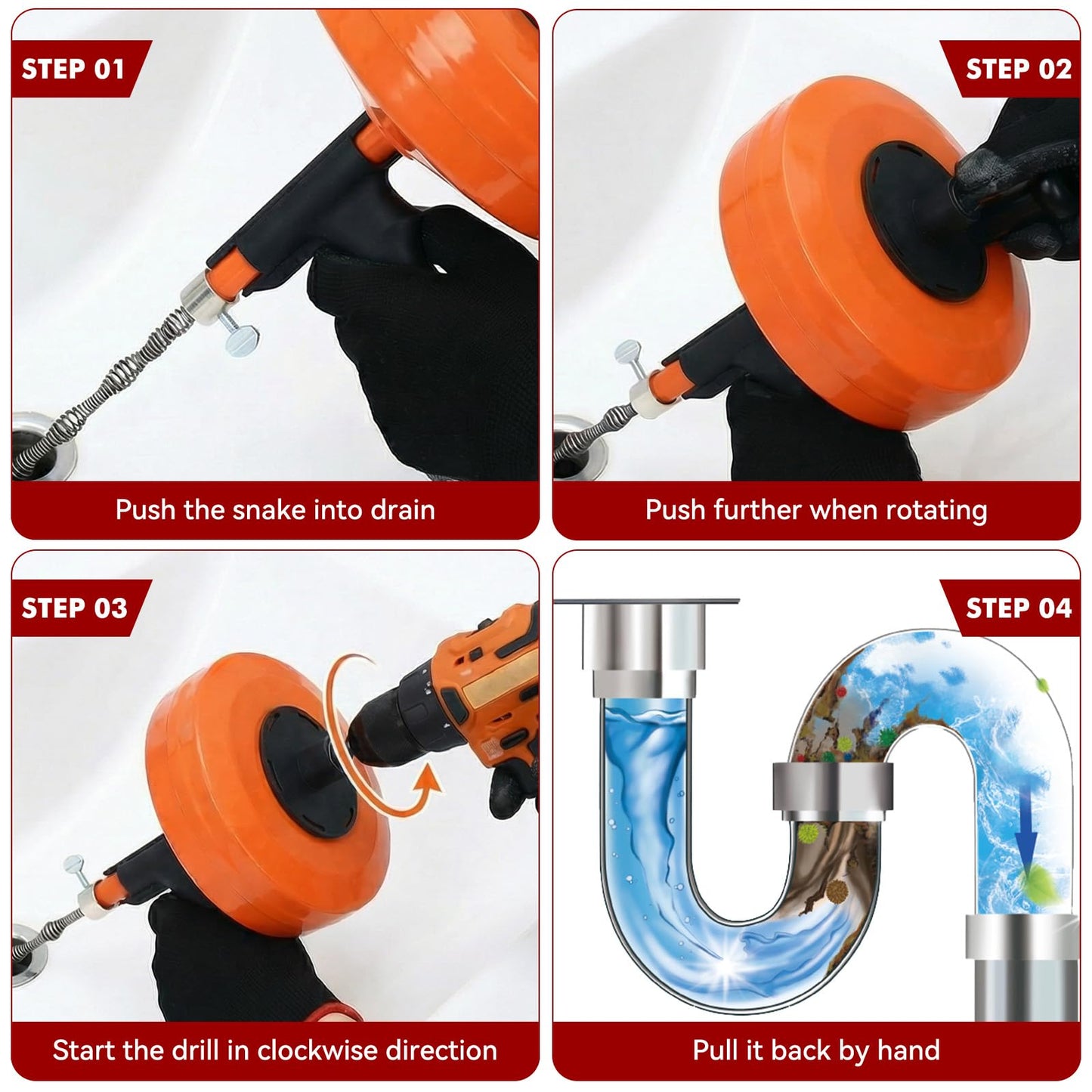 50FT Drain Auger, Dual-Mode Plumbing Snake with Drill Attachment, Sewer Pipe Clog Remover for Kitchen/Bathroom/Shower/Toilet, 6 Hair Clog Removers + Storage Bag, Destapador de tuberia (50 FT, Orange)