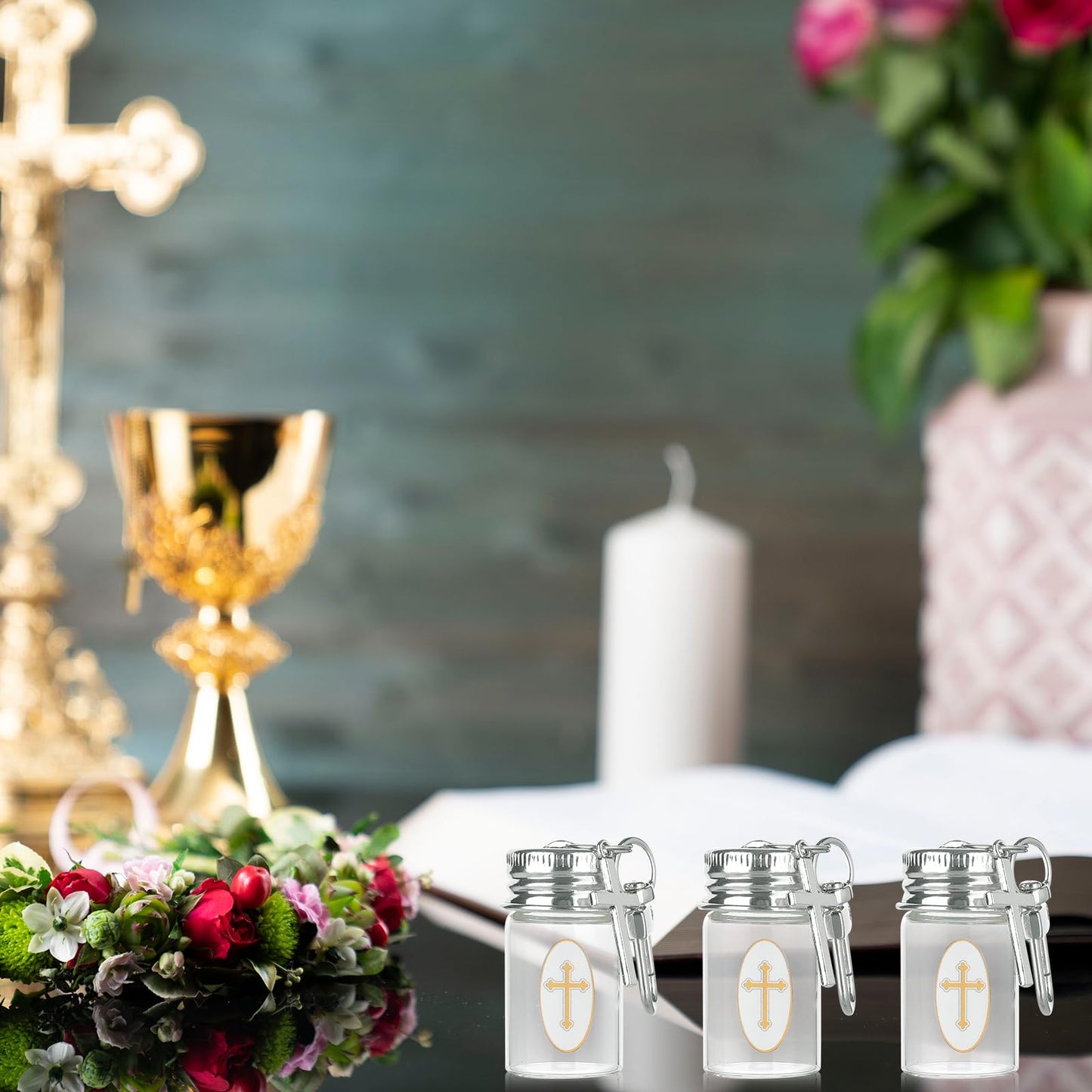 HCEWSBFD 36Sets Holy water Bottles Catholic Clear Holy water Container 7ml Agua Bendita with Holy Water Keychain Vial Crucifix and Sticker for Christian First Communion Gift Church Wedding Baptism