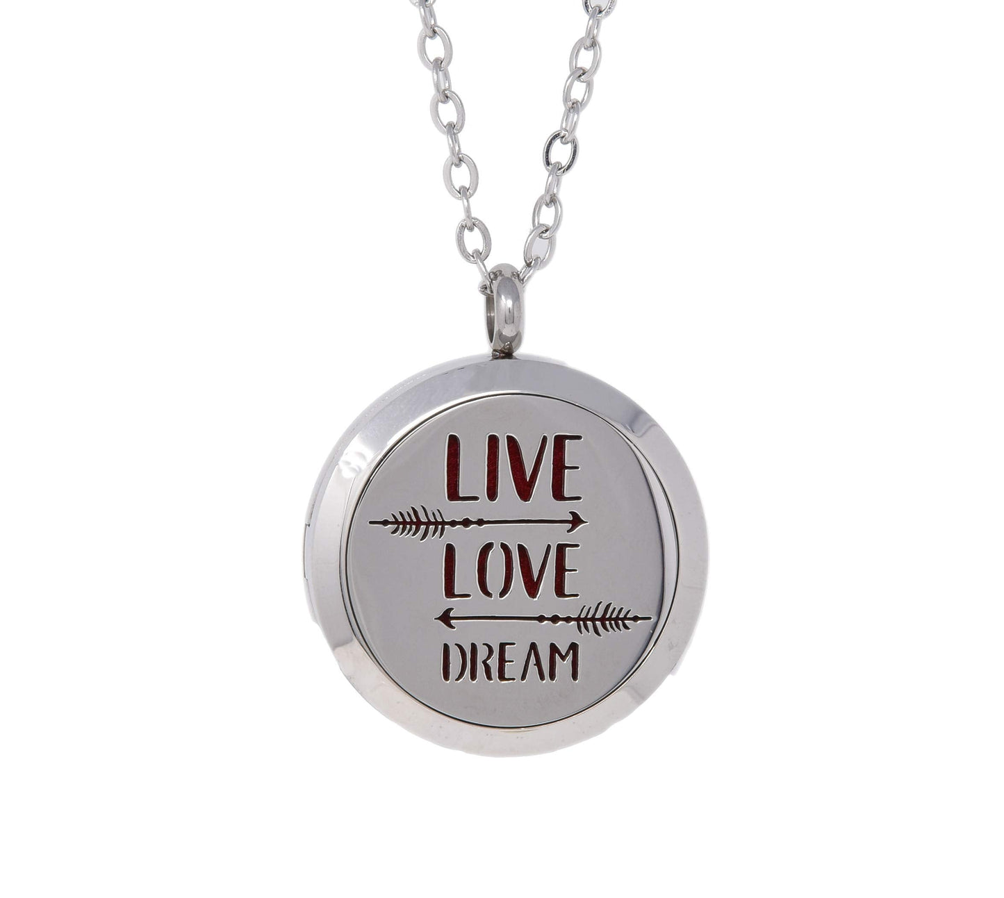 Aromatherapy Essential Oil Diffuser Stainless Steel 30MM Silver Magnetic Locket Pendant 2 Sizes Chain Necklace, Refill Pads & Diffuser Bracelet in a Velvet Bag (Live Love Dream)