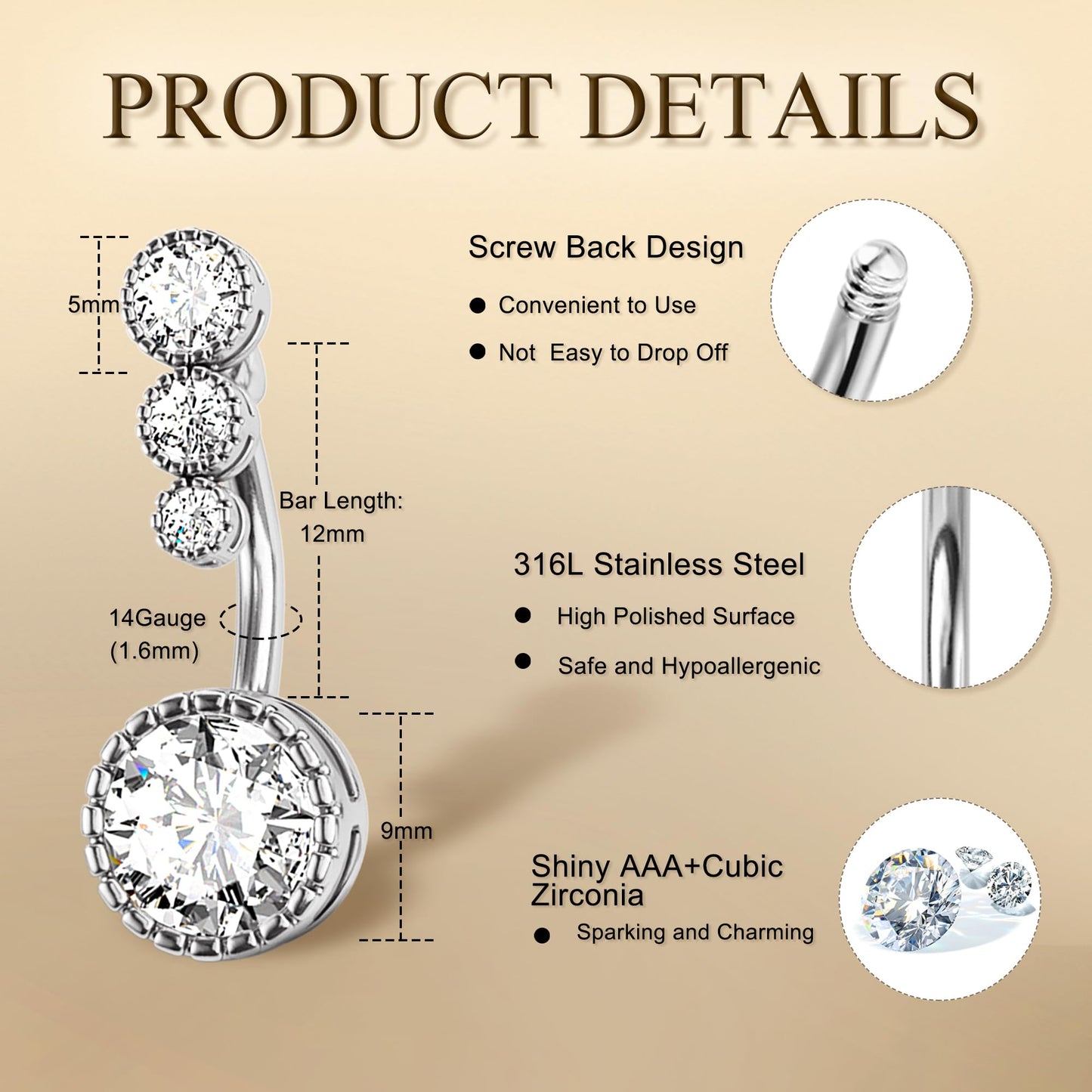 FIASASO 9 Pcs Belly Button Ring Surgical Stainless Steel Belly Rings CZ Belly Button Ring Clicker Belly Piercings for Women Navel Piercings Pack Silver