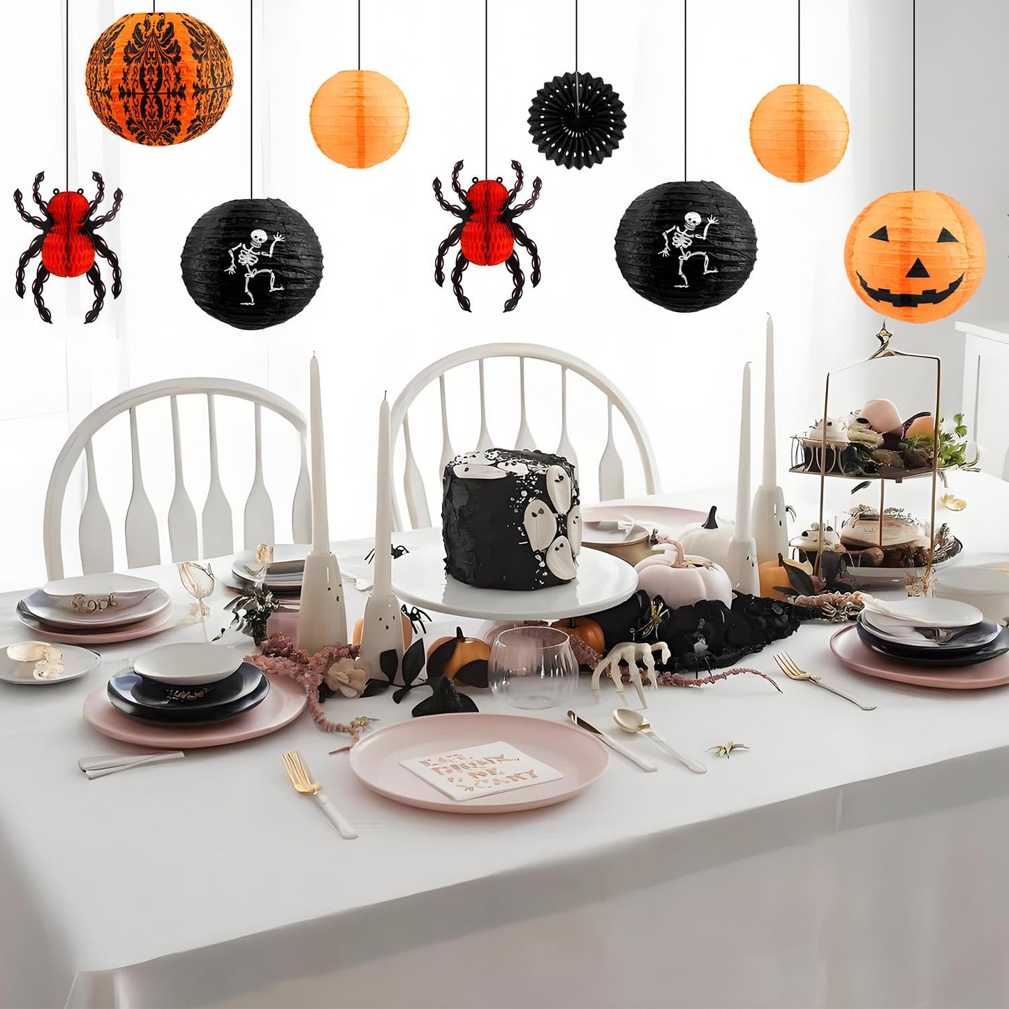 12 Pcs Halloween Hanging Decorations Paper Lanterns, Jack-o'-Lanterns Spider Skeleton Pumpkin for Indoor Outdoor Home Decor, Party Supplies, Yard - 12" & 8"