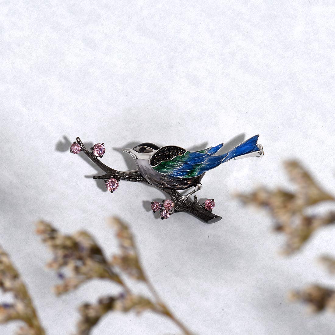 Santuzza Magpie Brooch 925 Sterling Silver Enamel Bird Black Spinel Brooches Pin for Women