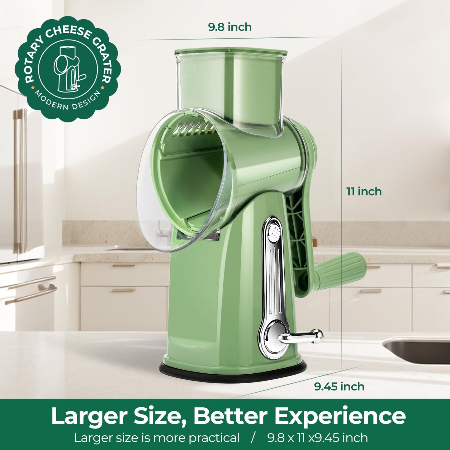 SUSTEAS Rotary Cheese Grater with Handle - Vegetable Shredder with 5 Well-designed Blades & Strong Suction Base,Round Mandoline Slicer & Food Chopper for Kitchen,with Blade Storage Box(Retro Green)