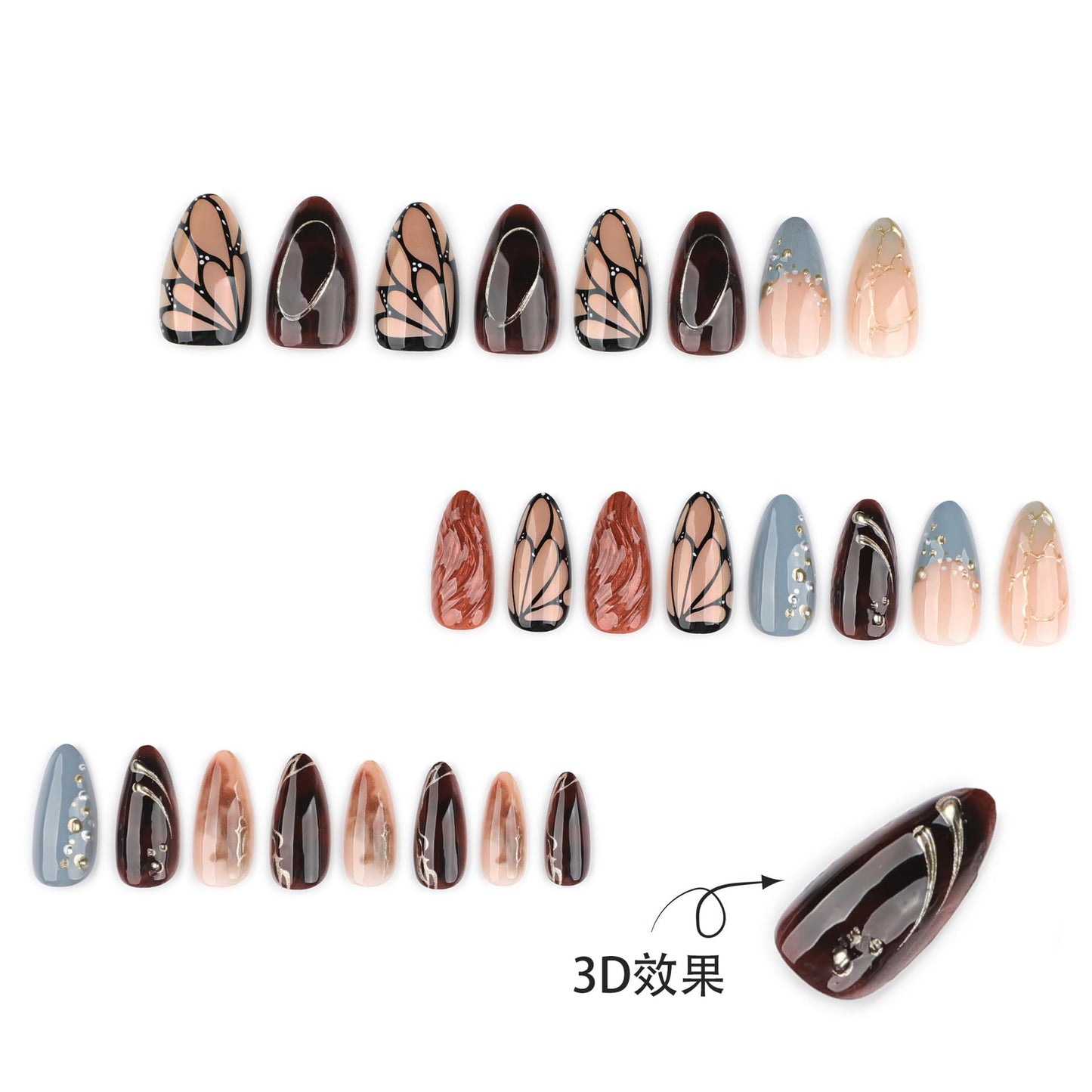 XZMeiLun 3D Butterfly Wings Press On Nails Blue Brown Mixed Medium Almond – Gold Line Pearl Designs, Acrylic Reusable Fake Nails with Adhesive Tabs, Salon Quality Nail Press Ons for Women Manicure