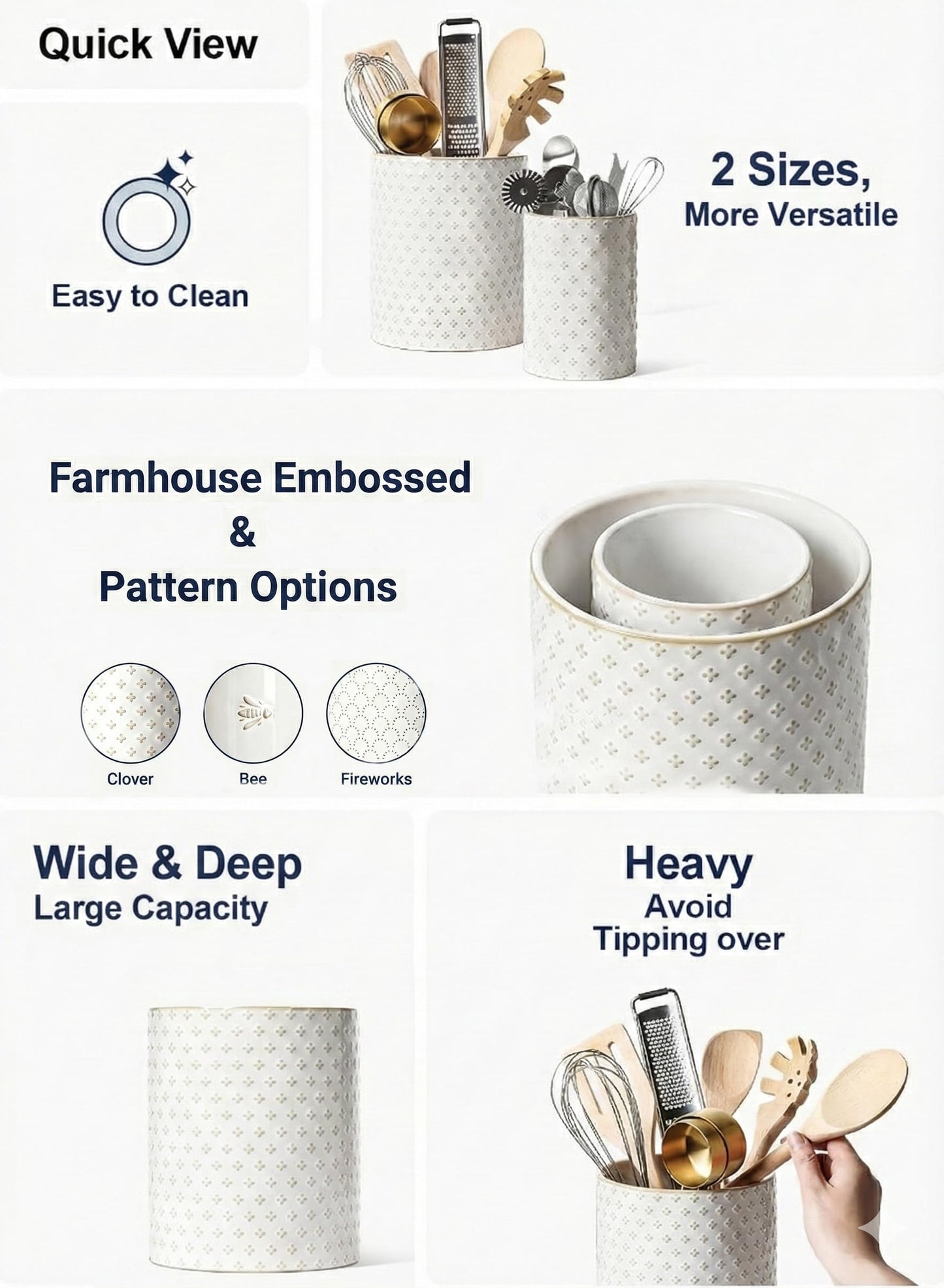 LE TAUCI Utensil Holder for Kitchen Counter - 7.1"+5.4" Ceramic Kitchen Utensil Holder Set of 2, Large Cooking Utensil Crock & Organizer for Spatula, Spoon - Embossed Kitchen Decor, White,Clover