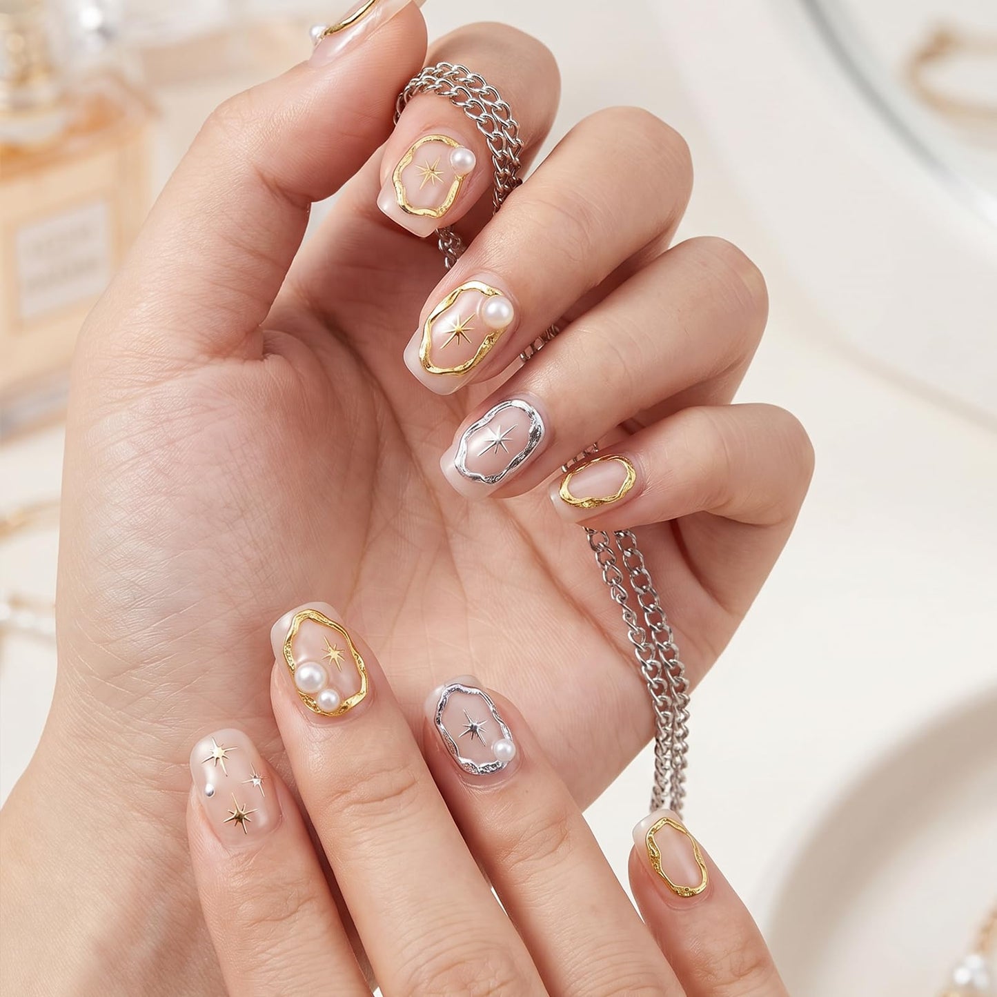 4 Sheets 5D Embossed Nail Stickers for Nail Art - Irregular Geometric Lines Frames Nail Art Design Self Adhesive Chrome Decals for Gel Nails Manicure Accessories-Gold Silver
