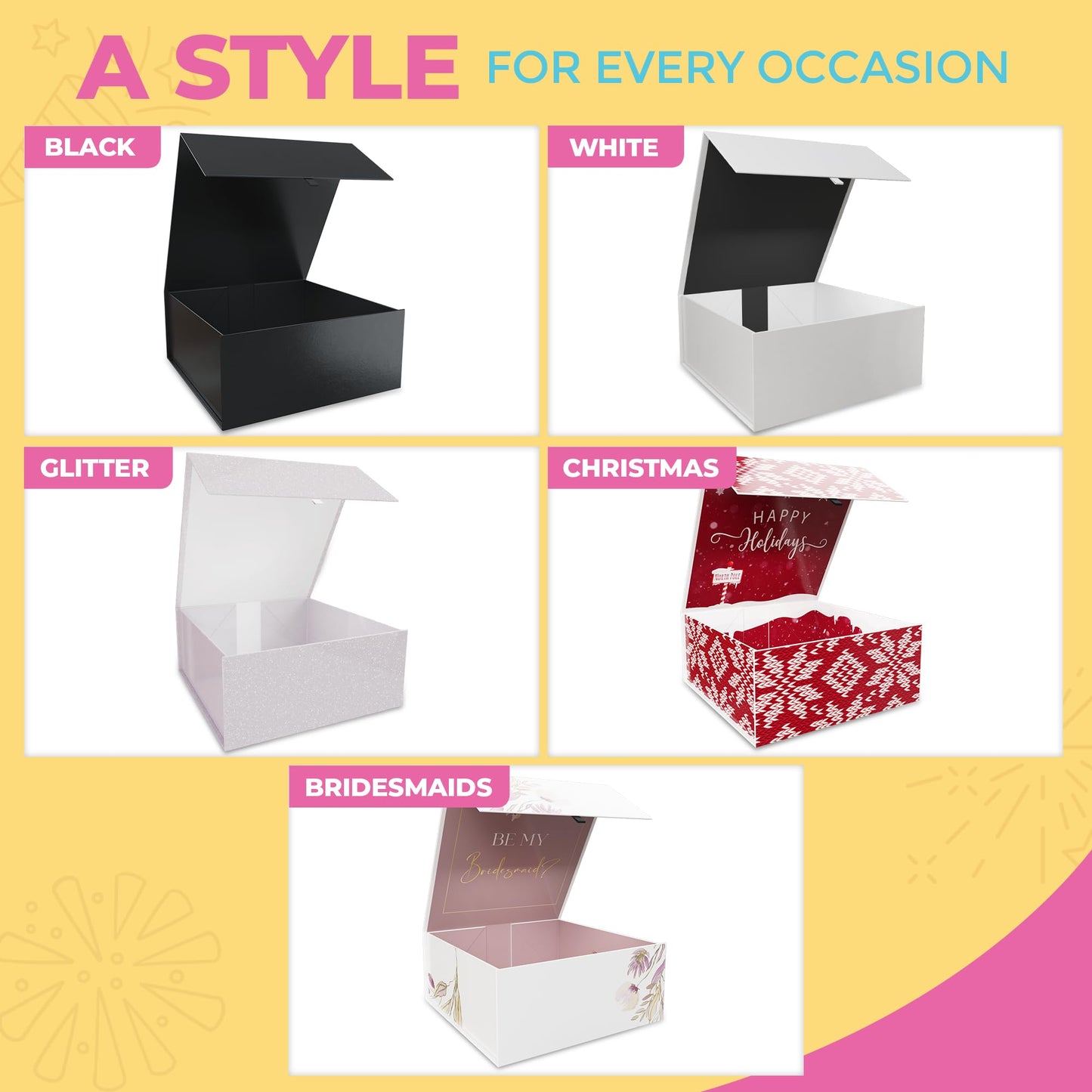 Kiniu 5Pack Black Gift Boxes with Lids Bulk - Gift Boxes for Presents with 25PCS White Tissue Paper - Black Gift Box Set - Collapsible Magnetic Closure Box for Bridesmaid Proposal Boxes, Groomsman Box, Wedding, Birthday, Shirt - 9.25x9.25x3.75 Inches