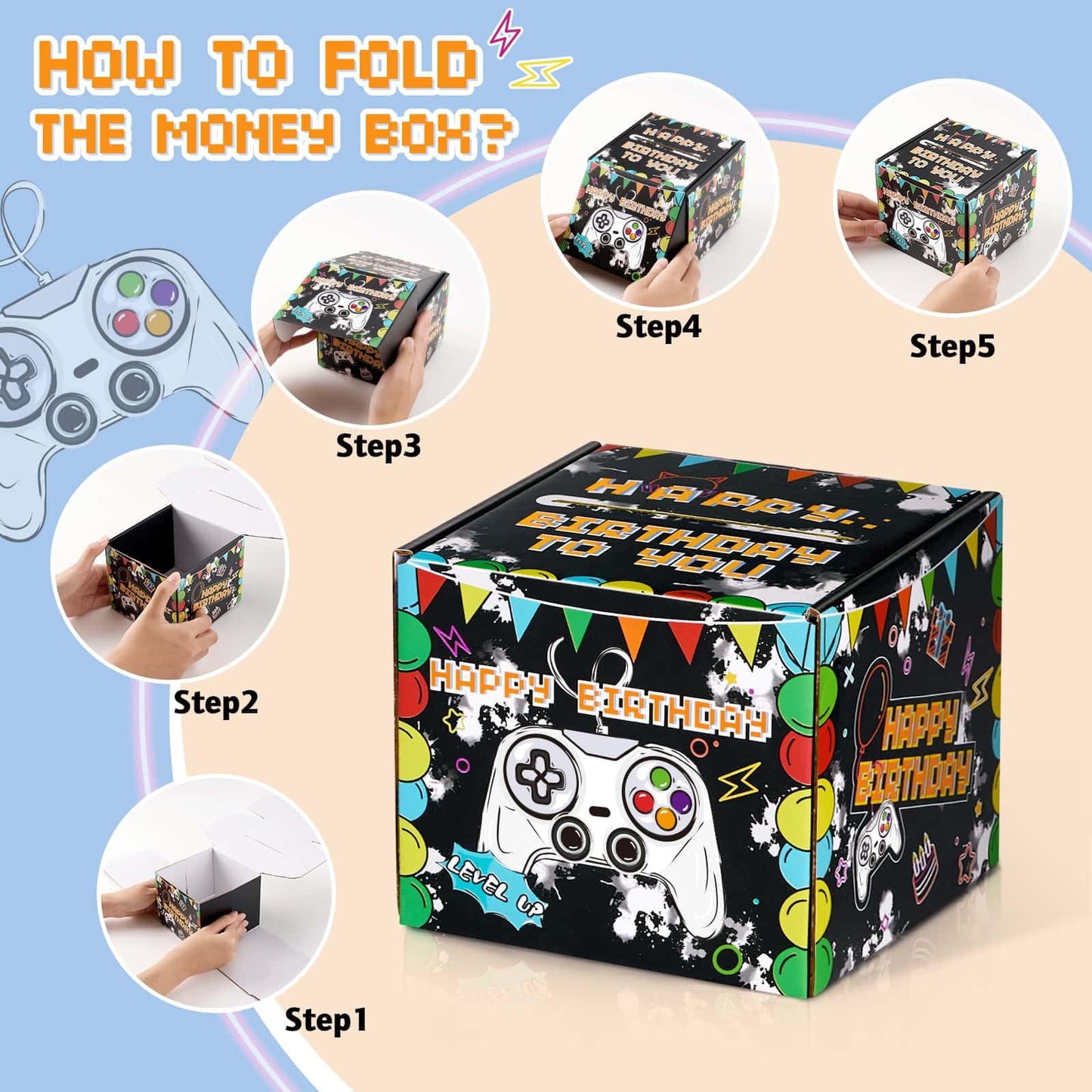 WERNNSAI Birthday Money Box - Video Game Party Decorations Money Gift Boxes for Cash Birthday Pull Box Gaming Theme Surprise Gift with 50 PCS Transparent Bags