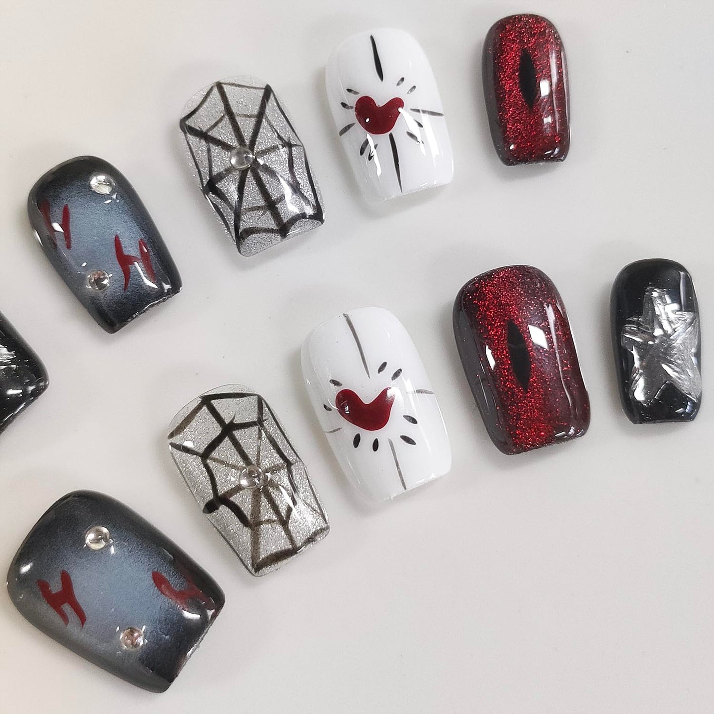 Halloween Press on Nails Short Square Handmade Acrylic Nails 3D Thick Fake Nails with Rhinestones Spider Web Stars Designs Sparkly Black&Red Sturdy Art False Press on Nail 10Pcs(S)