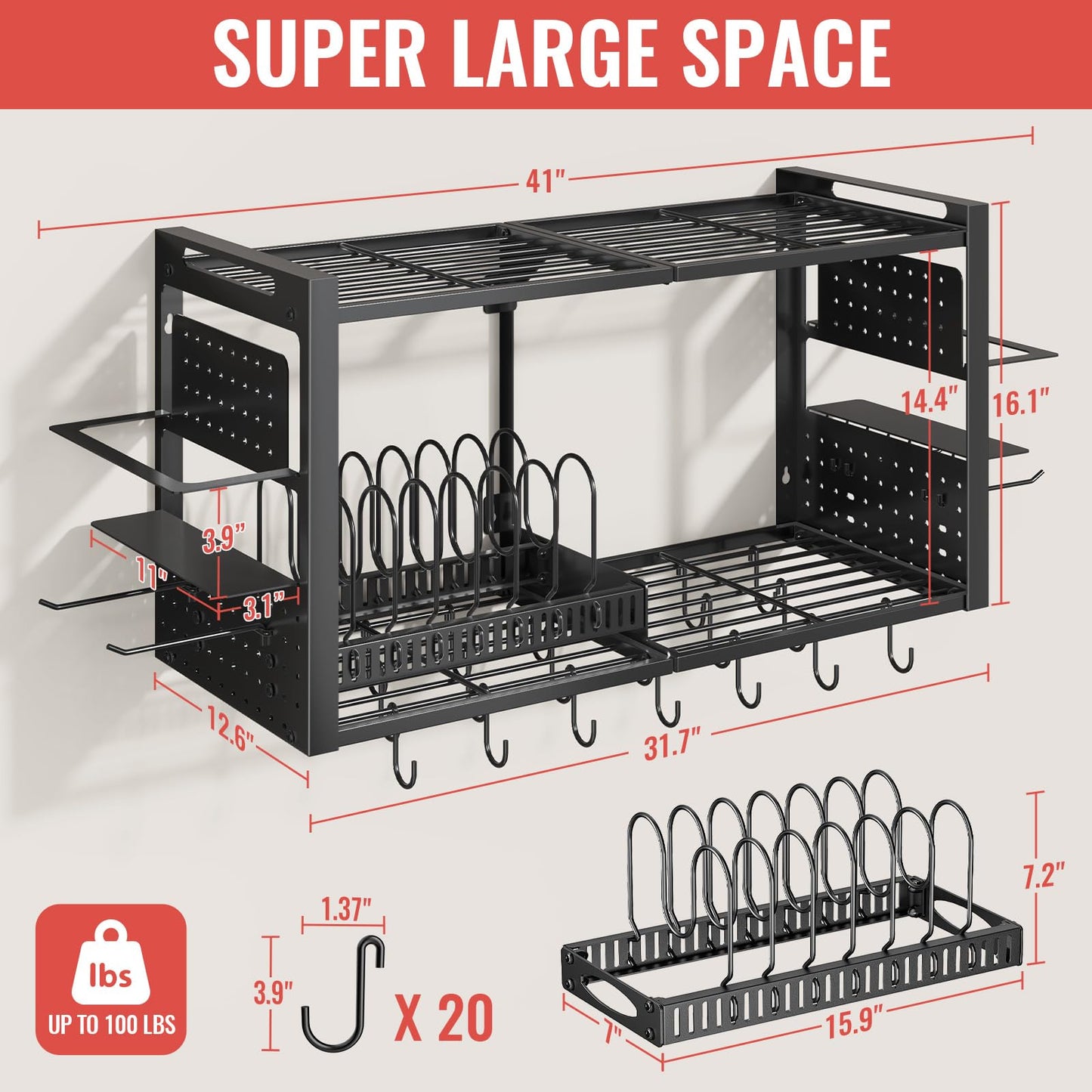 31 Inch Pot Rack Wall Mounted，3 in 1 Pots and Pans Organizer with 2 tier Kitchen Racks & Pot Lid Organizer Holder and 20 Hooks,Heavy Duty Hanging Pot Hanger for Kitchen Cookware, Utensils, Black
