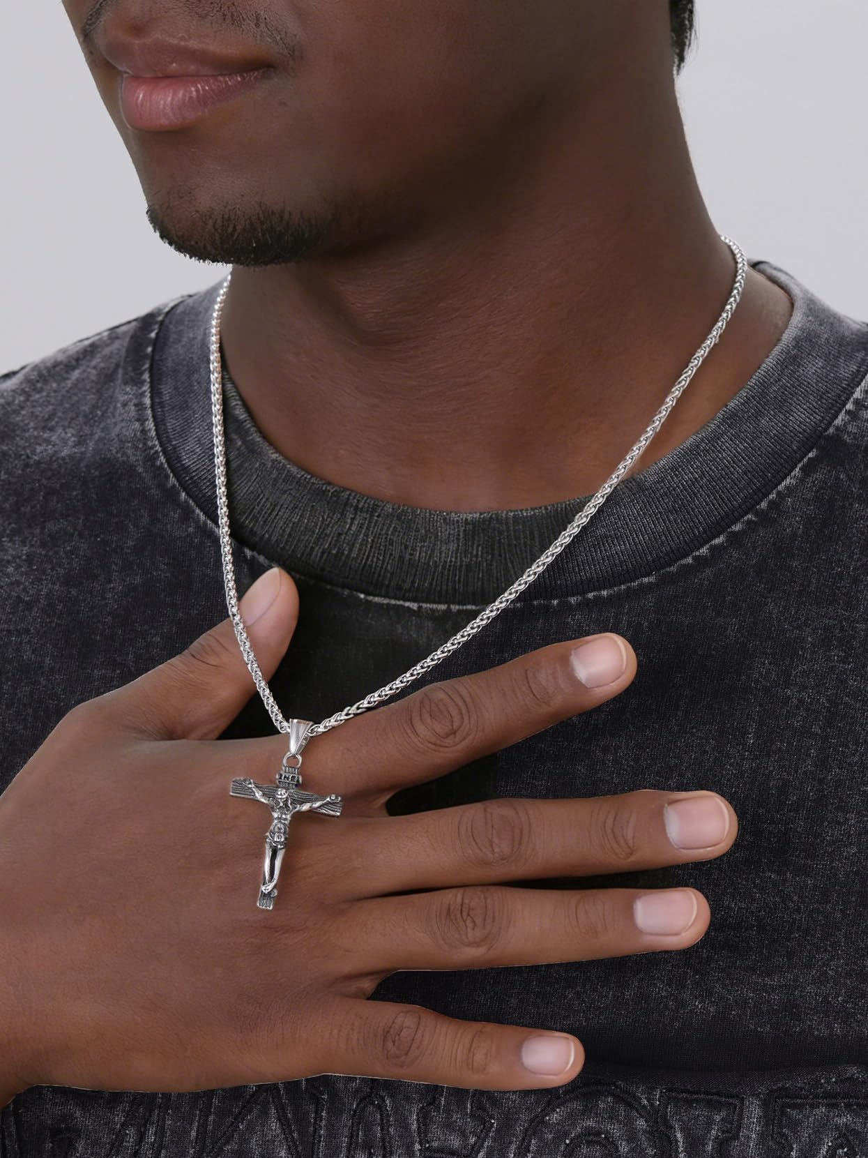 U7 Crucifix Cross Necklace Stainless Steel Crucifix Necklace Cross Pendant for Men with Rope Chain 24"(Silver)