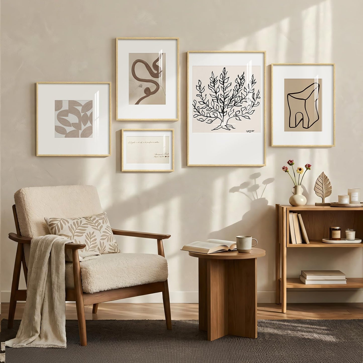 Framed Matisse Abstract Neutral Wall Art, 5 Piece Large Beige Canvas Prints Set, Modern Minimalist Geometric Botanical Paintings for Living Room, Bedroom, Hallway, Home Office, Guest Room
