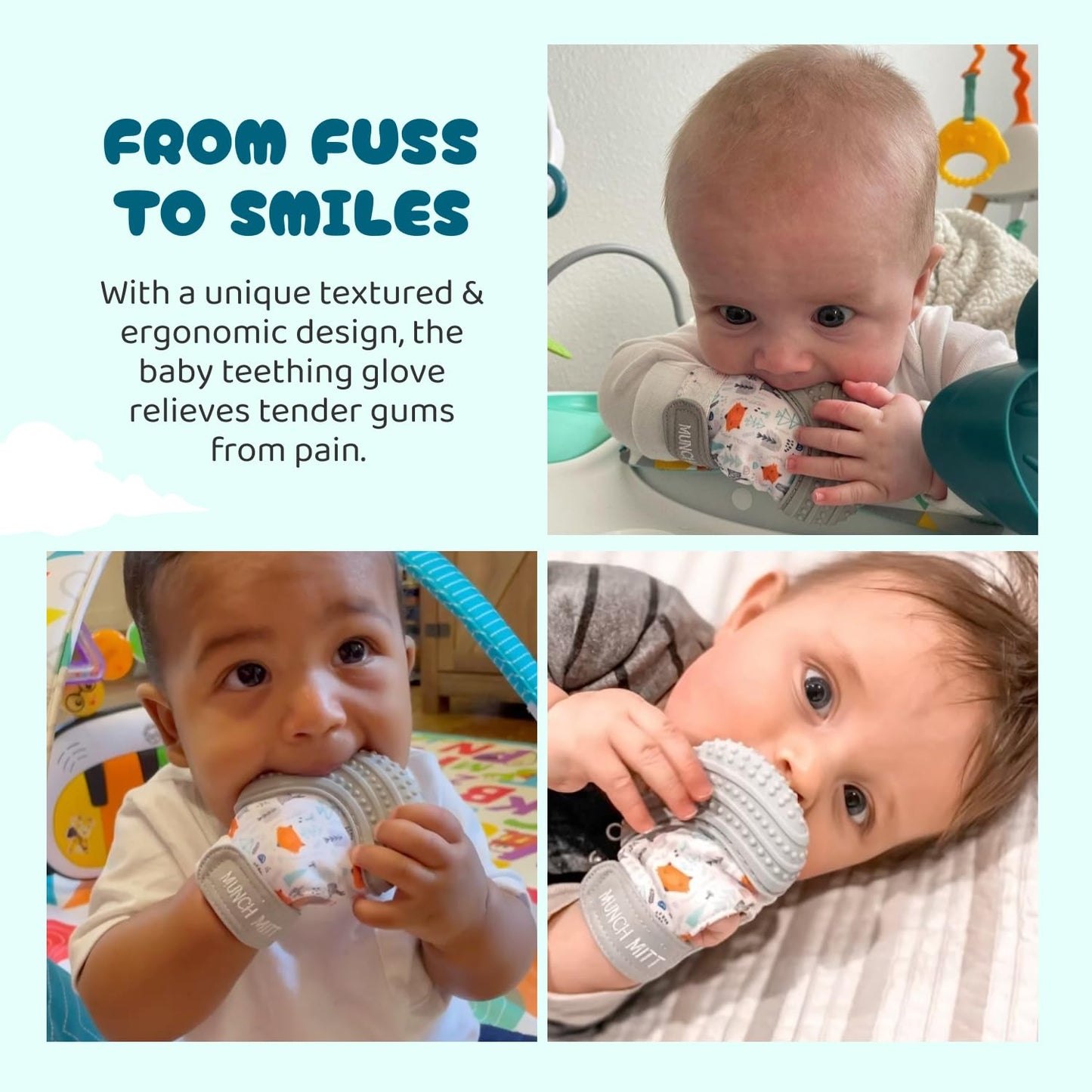 Malarkey Kids Patented Teething Mitten, Munch Mitt Baby Chew Toy - Protects Hands from Chewing & Saliva, Heals Aching Gums, Promotes Sound & Visual Stimulation for Babies - Grey Fox