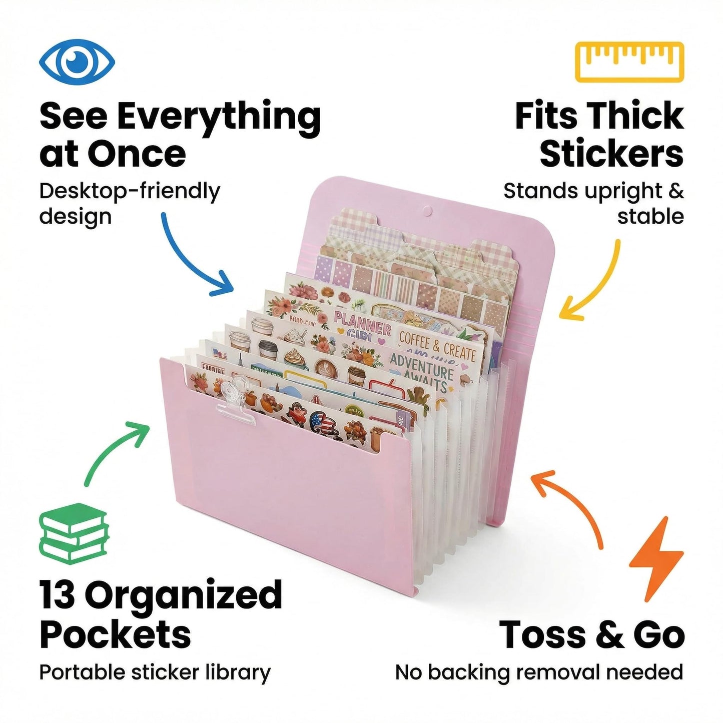 Sticker Storage Organizer with 13 Expandable Pockets, Multi-Layer Desktop Sticker Binder for Scrapbook Essentials and Journal Organizer, Large Capacity for Thick Sticker Album, Washi Tape(Blue)