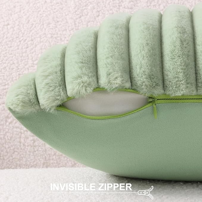 Pallene Faux Fur Plush Throw Pillow Covers 20x20 Set of 2, Luxury Soft Fluffy Striped Decorative Pillow Covers for Sofa, Couch, Living Room, Sage Green