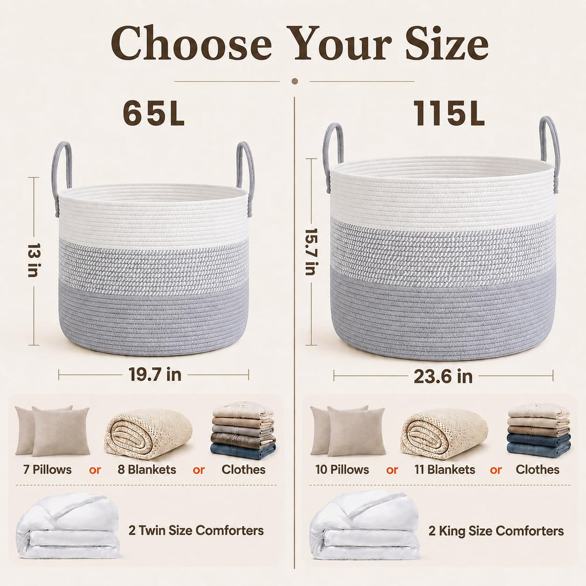 115L Extra Large Machine Washable Cotton Rope Blanket Basket