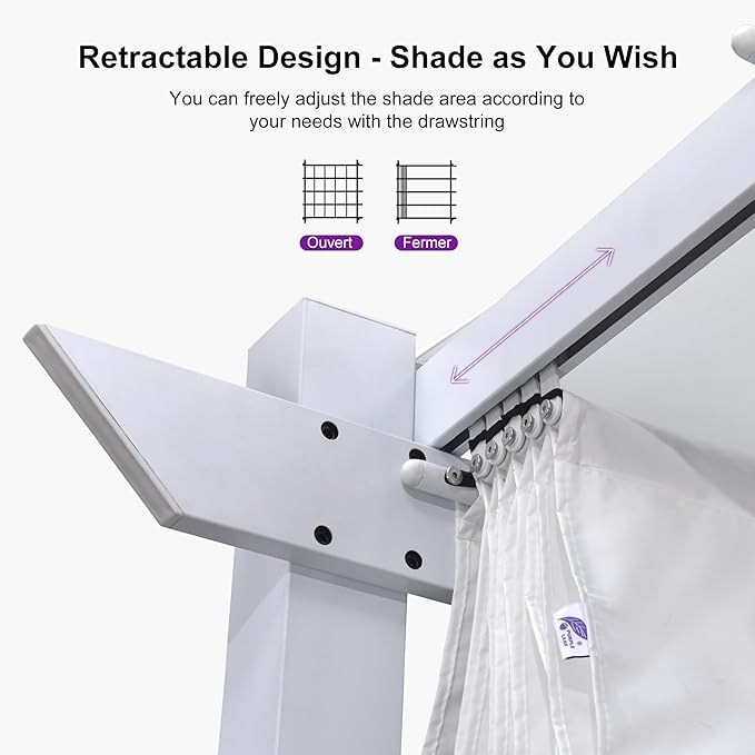 PURPLE LEAF 10' x 13' Aluminum Outdoor Pergola White Retractable Pergola with Double Sun Shade Canopy Wind-Resistant Heavy-Duty Metal Pergola for Patios Deck Backyard Garden, White