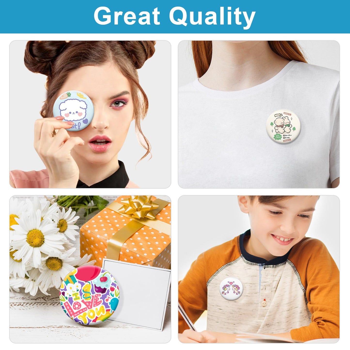 200 Sets 2.25 Inch Button Maker Supplies, 58mm Round Badge Parts with Metal Covers, Plastic Pin Backs, Clear Film & Blank Paper, Perfect for Button Maker Machine & Badge Press