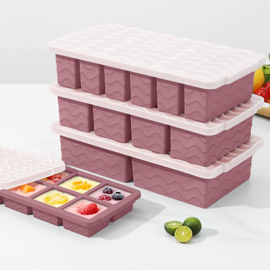 Silicone Freezer Trays with Lid (4-Pack), 1-Cup, 2-Cup, 1/2-Cup & 2-Tbsp Silicone Freezer Molds, Stackable Soup Freezer Meal Prep Containers,Ice Cube Tray for Making Sauce,Smoothies,Yogurt Bites