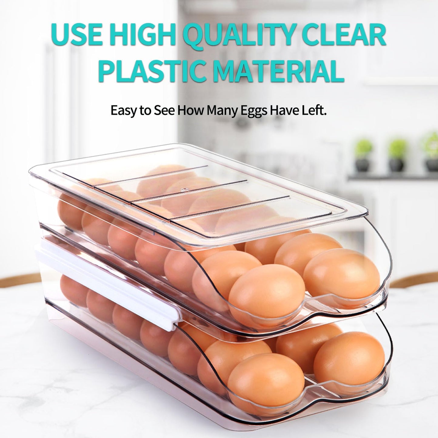 RoskDeewat Egg Holder for Fridge, Automatic Rolling Egg Container for Refrigerator, Stackable Fridge Organizers and Storage with Lid, Clear Plastic Egg Dispenser & Tray (2 Tier)