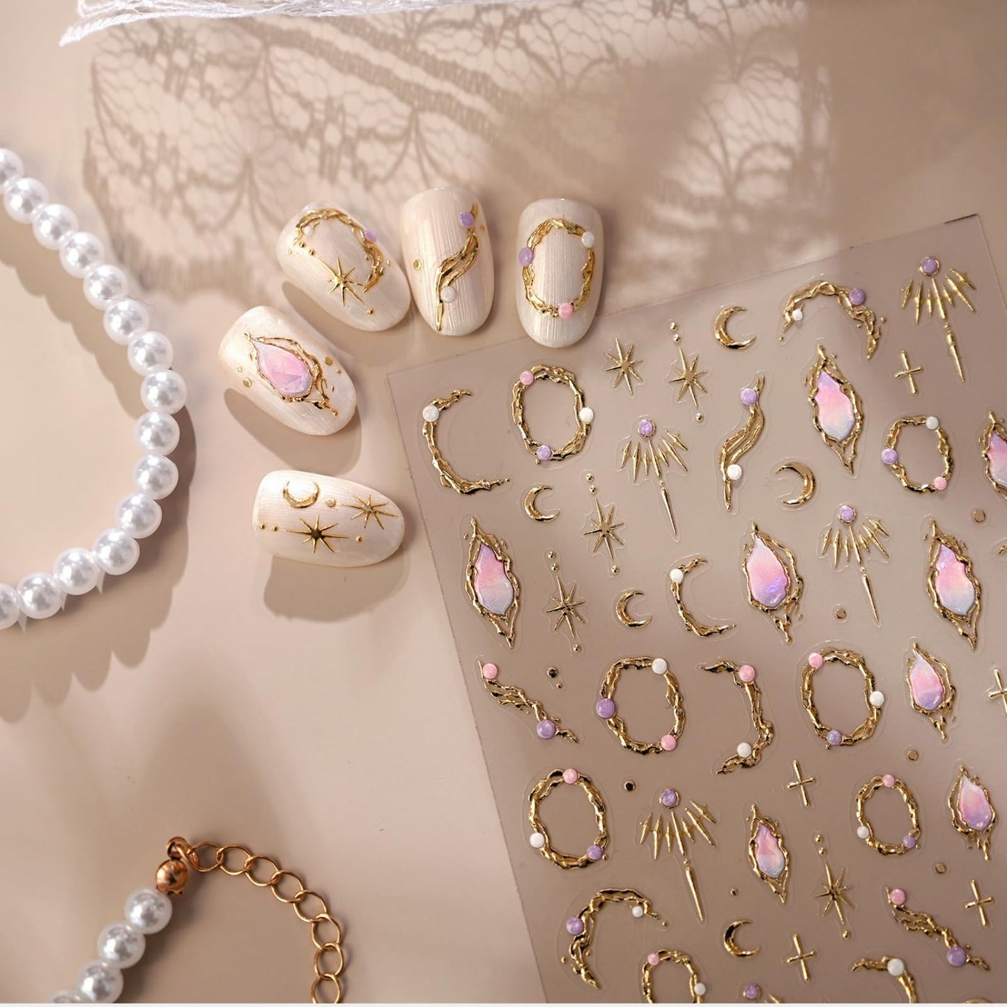 Gold Nail Stickers Star Moon Nail Art Stickers Gemstone Nails Decals Design 5D Embossed Self Adhesive Nails Charms Supply Decoration for Women 1 Sheets