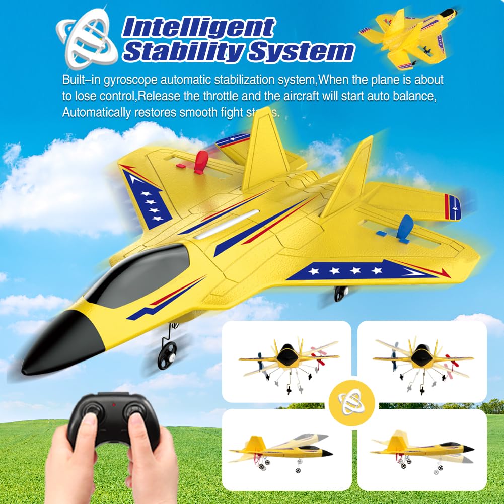 Fremego F22 RC Airplane 2.4GHz Remote Control Plane with Gyro Stabilizer, LED Lights & Dual Batteries, Easy Fly RC Glider for Kids Boys Adults Beginners(Yellow)
