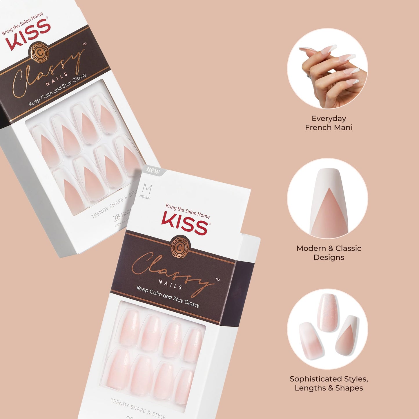 KISS Classy, Press On Nails, Nail glue included, 'Dashing', White, Medium Size, Almond Shape, Includes 28 Nails, 2g glue, 1 Manicure Stick, 1 Mini File, (Pack of 2)