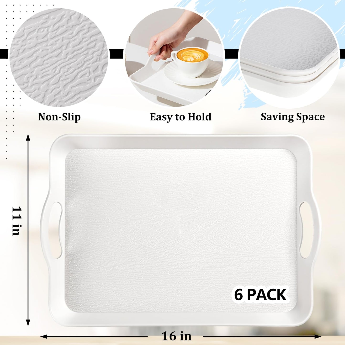 6 Pcs Serving Trays with Handles Trays for Eating 16 x 11 Inch Multi Purpose Plastic Tray Rectangular Anti Skid Decorative Food Tray for Restaurant Breakfast Countertop Party Kitchen (White)
