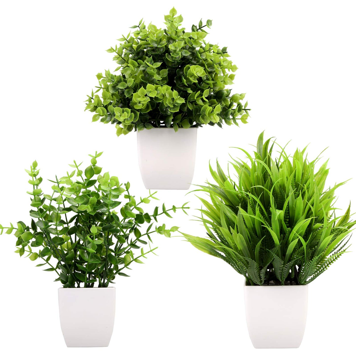 GREENTIME 3Pack Mini Fake Plants in Pots Artificial Plastic Eucalyptus Plant Wheat Grass Potted Faux Greenery Indoor for Office Desk Coffee Table Bathroom Bedroom Home Decorations