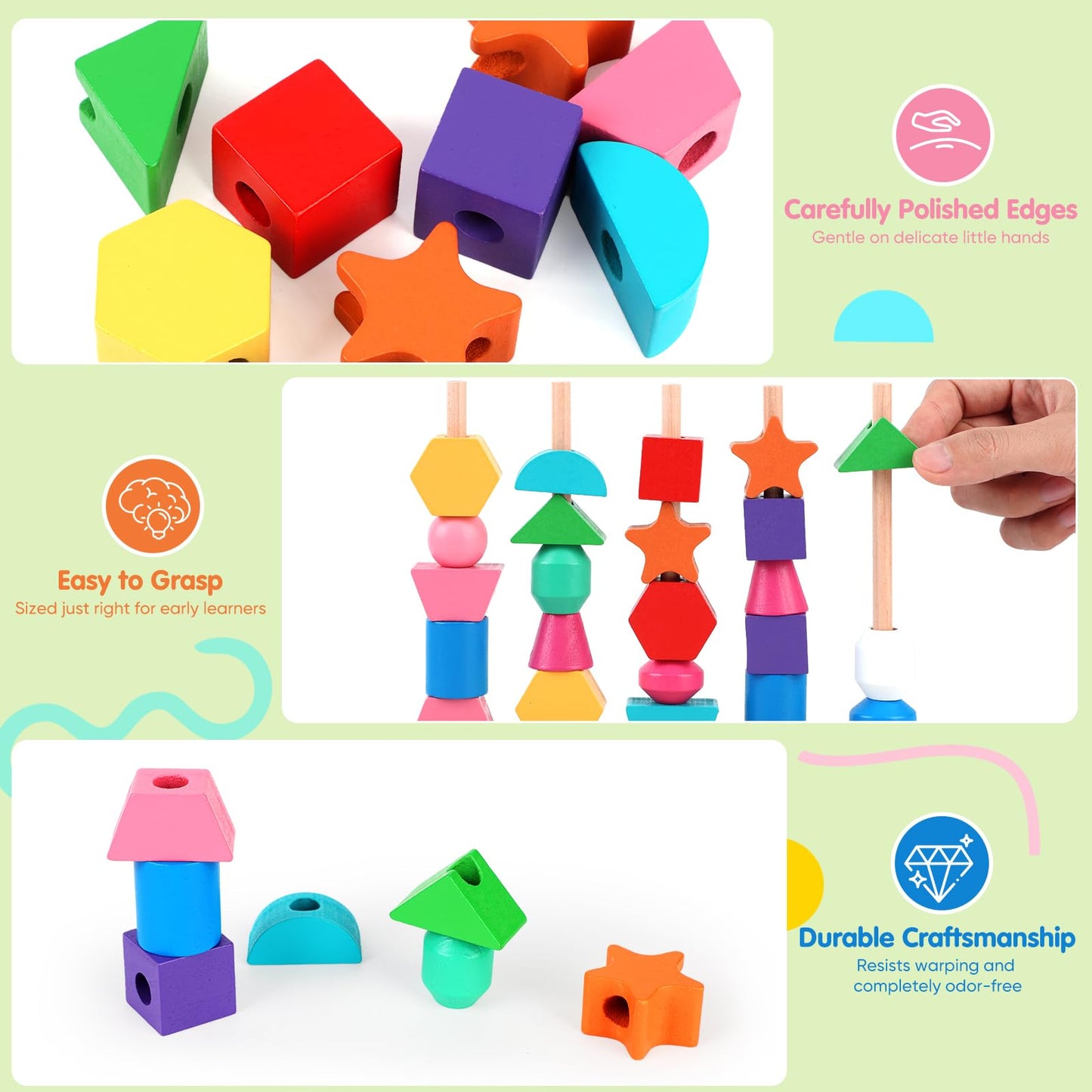 JRUXJWI Montessori Wooden Threading Beads Set for Toddlers 3 4 5, Bead Sequencing & Stacking Toy with Pattern Cards, Lacing Beads, Shape Matching Stacker, Fine Motor STEM Learning Gift