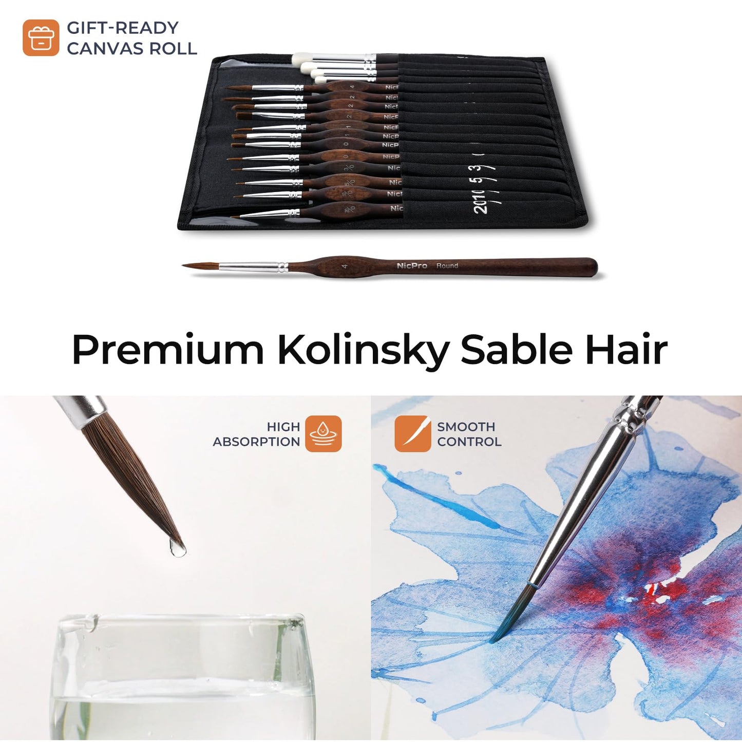Nicpro 16 PCS Kolinsky Sable Miniature Paint Brushes Dry Brush, Professional Model Paint Brush Set with Cloth Roll, Fine Detail Artist Brush Set for Miniatures, Acrylic & Figures, Model, Watercolor