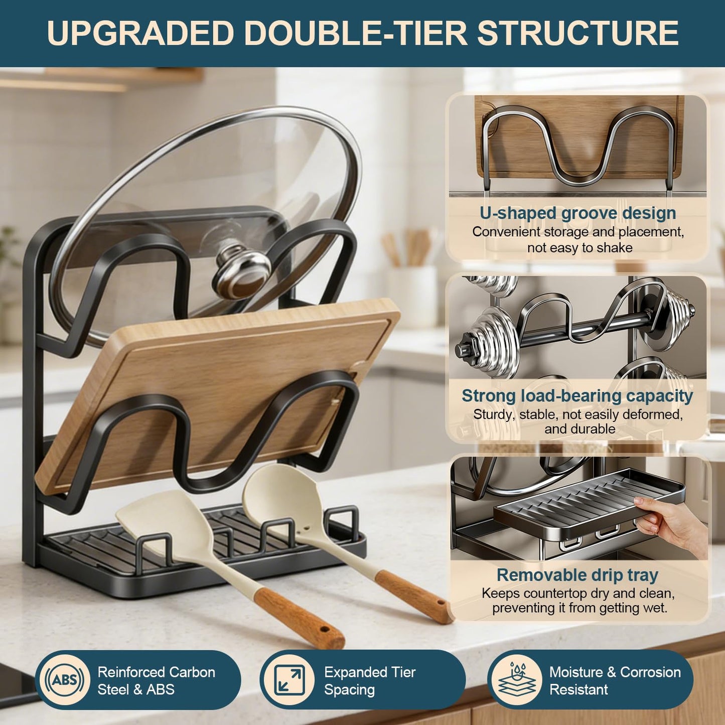 AMDISI Kitchen Pot Lid Storage Rack: Carbon Steel Double-Layer Holder & Spoon Rest with Removable Drip Tray, Pot Cover Holder While Cooking, Pot Lid Organizer for Kitchen Counter Space Saving(Gray)