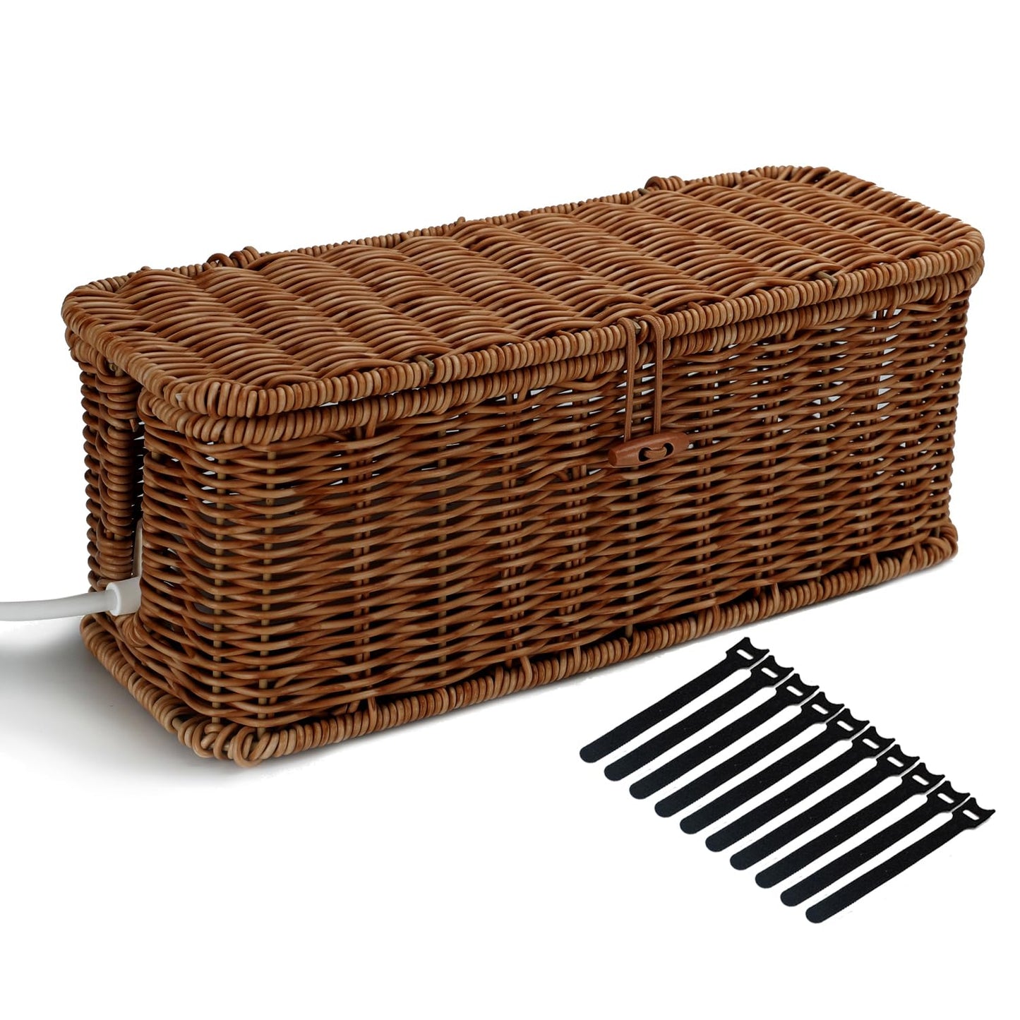 Cable Management Box, Desk Handwoven Rattan Cord Hider Cable Organizer Box With Lid Button Lock, Power Strip Cover Wicker Decorative Basket, Floor Wire Hiding Extension Cord Box (dark brown)