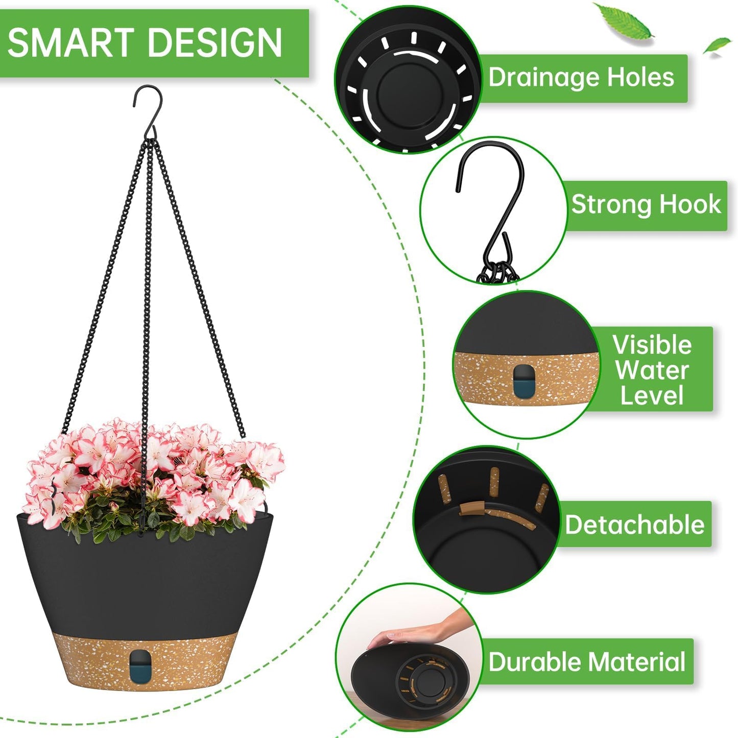 ZMTECH 2 Pack 10 Inch Hanging Planters for Indoor Plants, Modern Gray Hanging Planter with Visible Water Level Window & Metal Chain, Decorative Plant Hanger Indoor for Spring Balcony Decor
