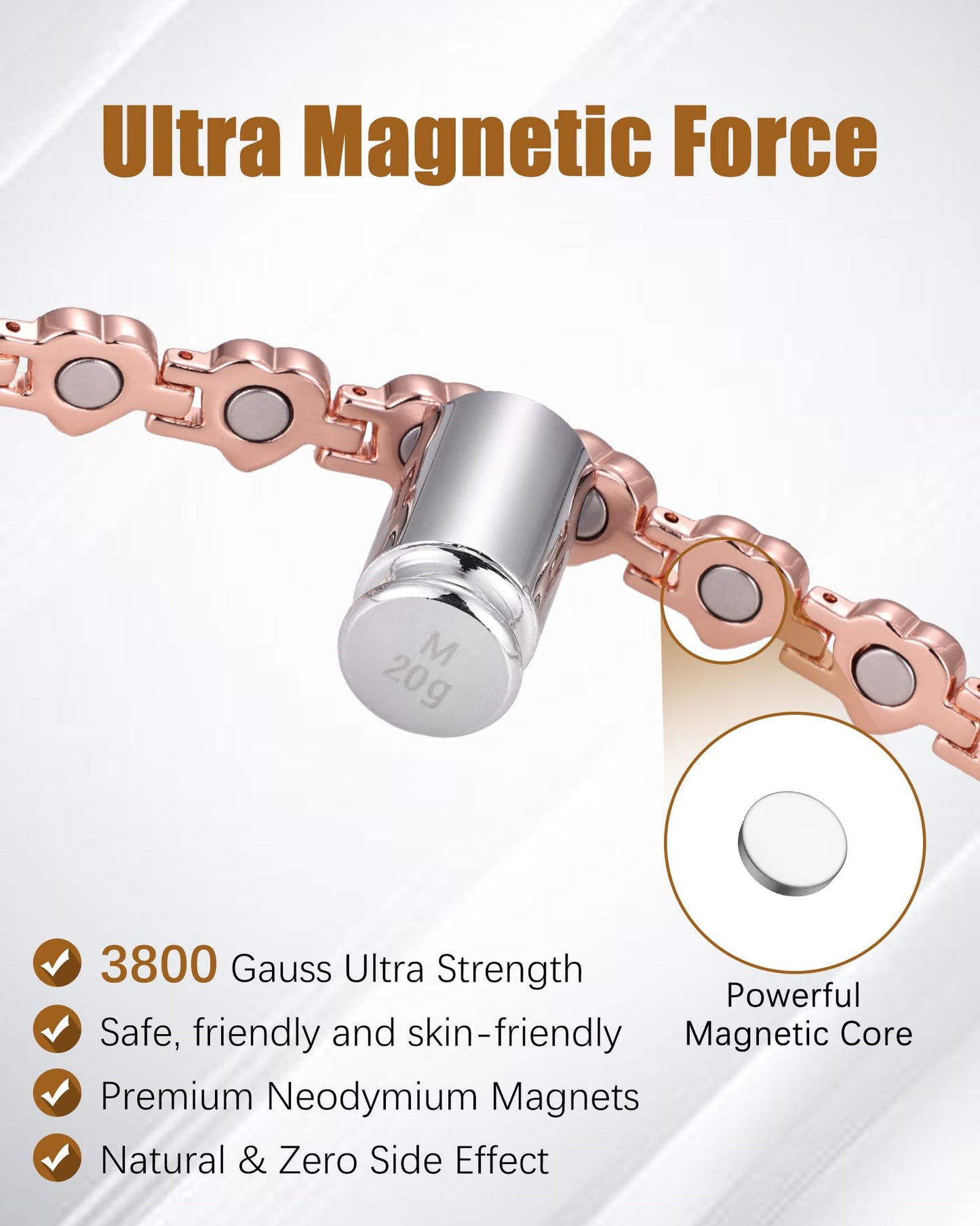 Jeracol Copper Bracelet & Ring for Women, Ultra Strength Magnetic Bracelet with 3800 Gauss Neodymium Magnets, Heart & Crystal Diamonds, Adjustable Tools and Jewelry Gift Box(Rose Gold)