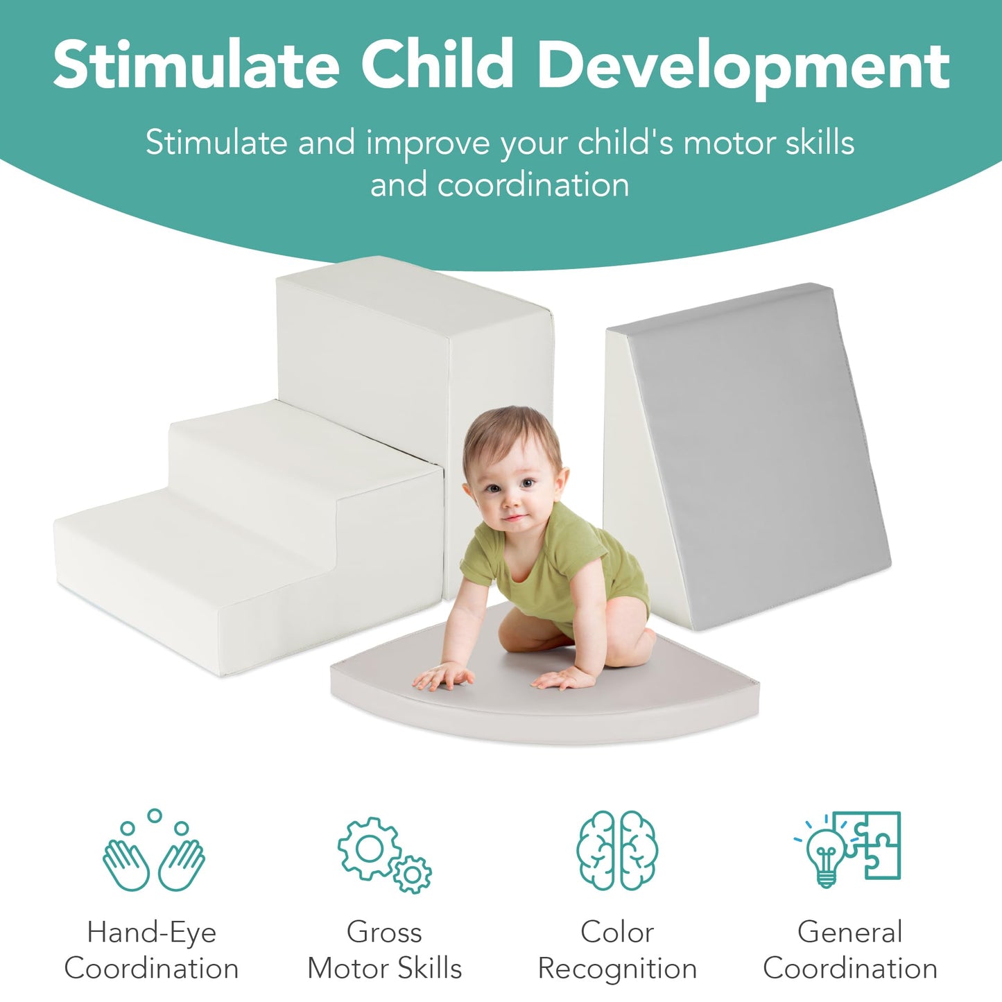 Best Choice Products Soft Foam Climbing Blocks for Toddlers, 4-Piece Baby Play Set, Easy-Clean Vinyl Foam Shapes, Safe Certified Materials, Early Learning Motor Skill Development Toy - Neutral