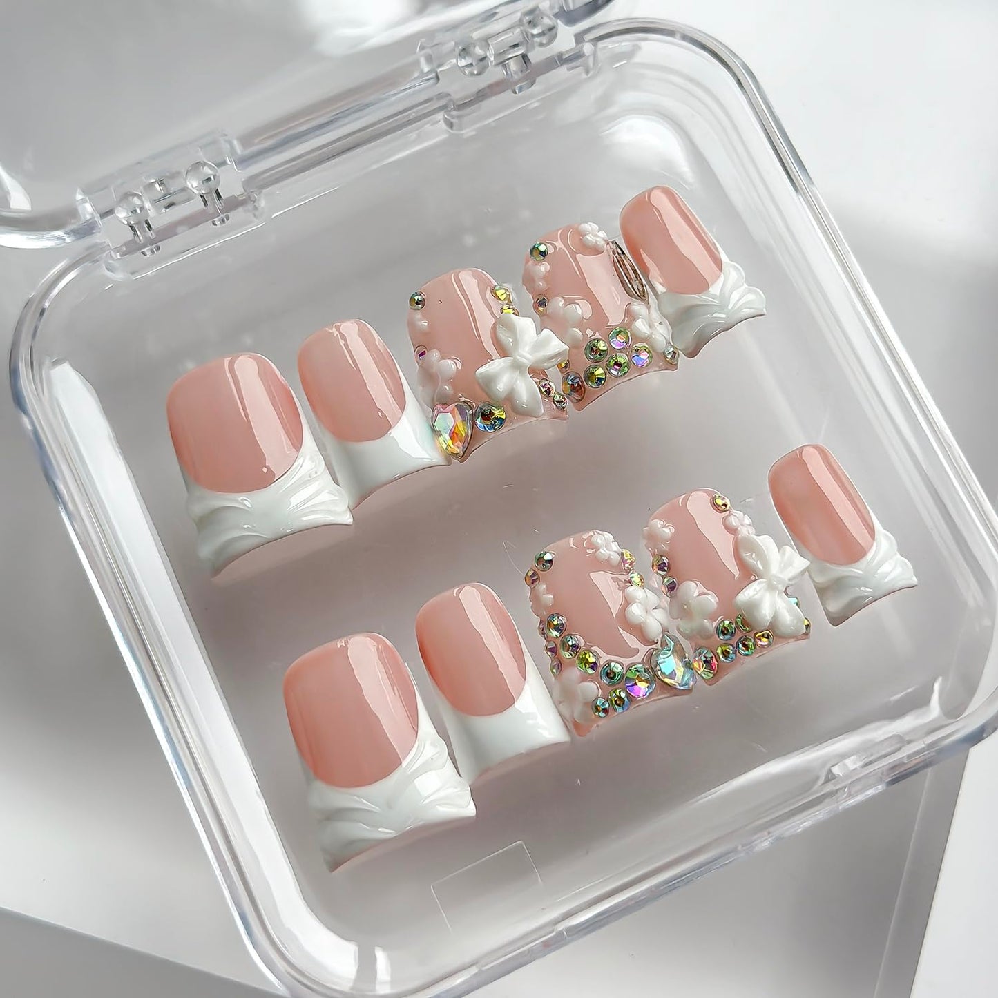 Luxury Press on Nails Short Duck Handmade 3D Unique Reusable ABS Material Fake Nails White French Tip False Nails with Designs Flower Butterfly Rhinestones Glossy Glue on Nail Thick Acrylic Nail(M)