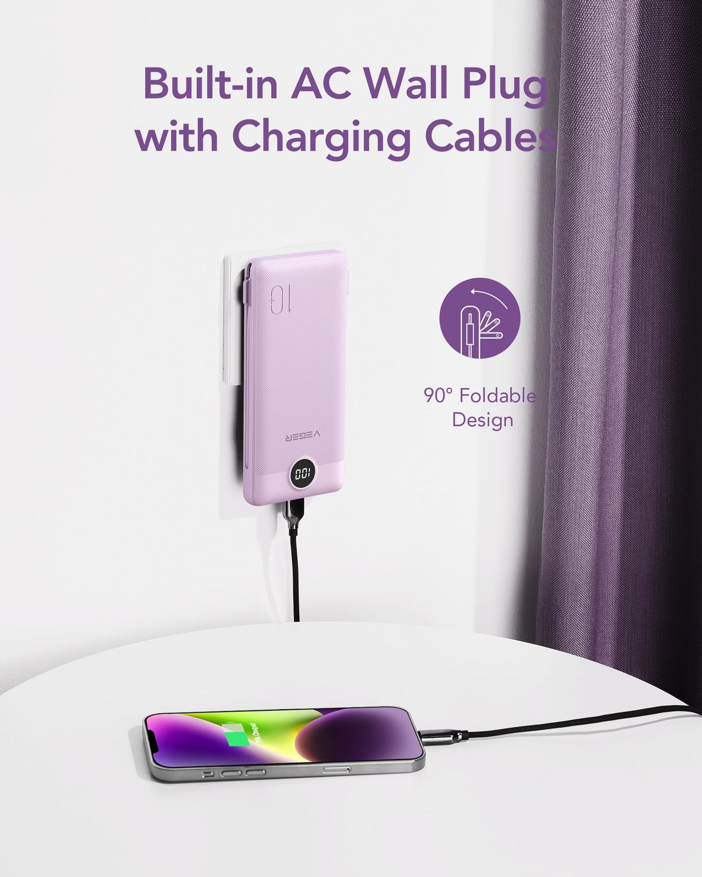 VEGER Portable Charger with Built-in AC Plug and Cables, All in One 10000mAh Ultra Slim Power Bank Travel Essentials, Fast Charging Battery Pack Compatible with iPhone, Samsung, Android (Purple)