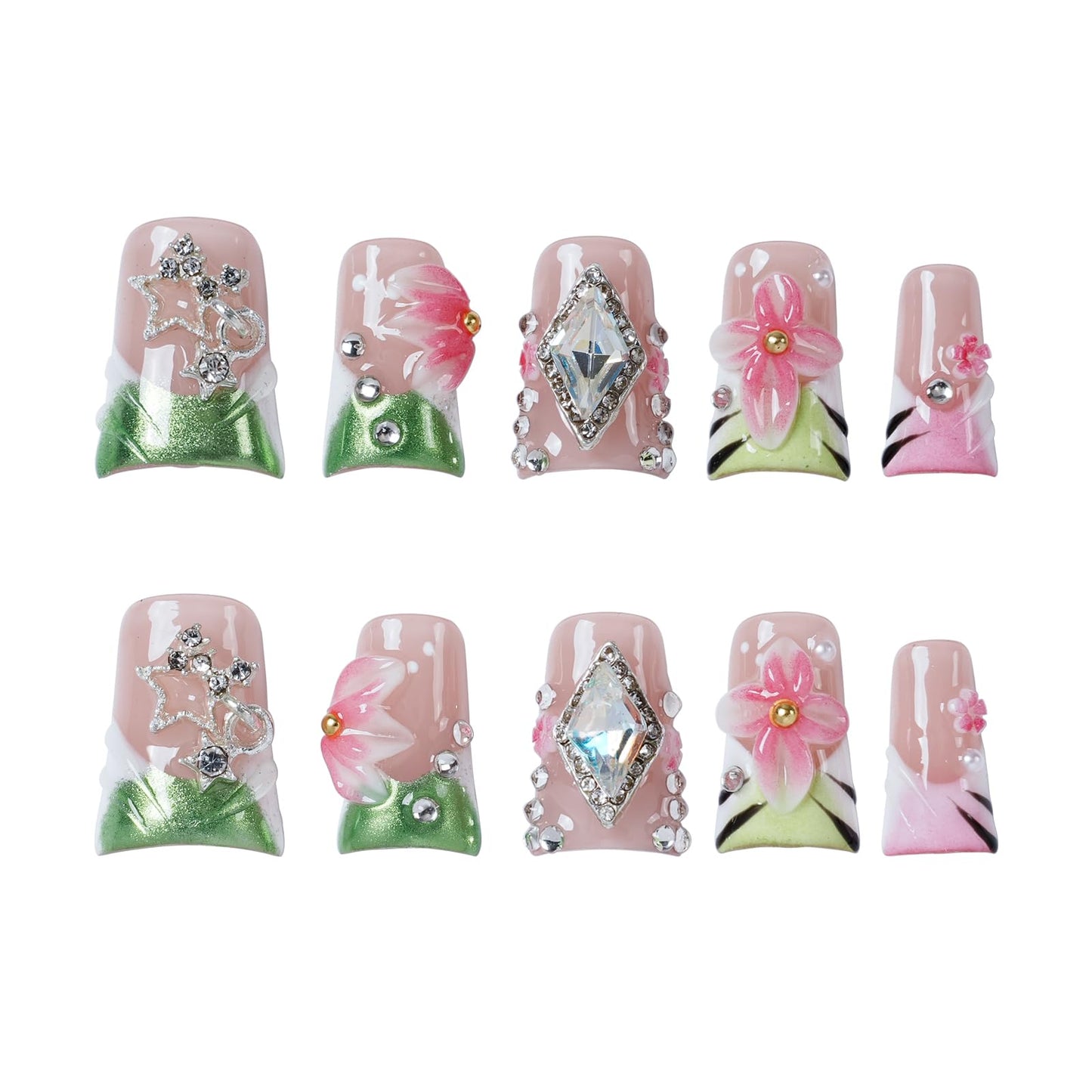 Tesytto Duck Thick Press on Nails Handmade 3D Fake Nails for Nail Art (Emerald Gold Lattice Bloom, S)