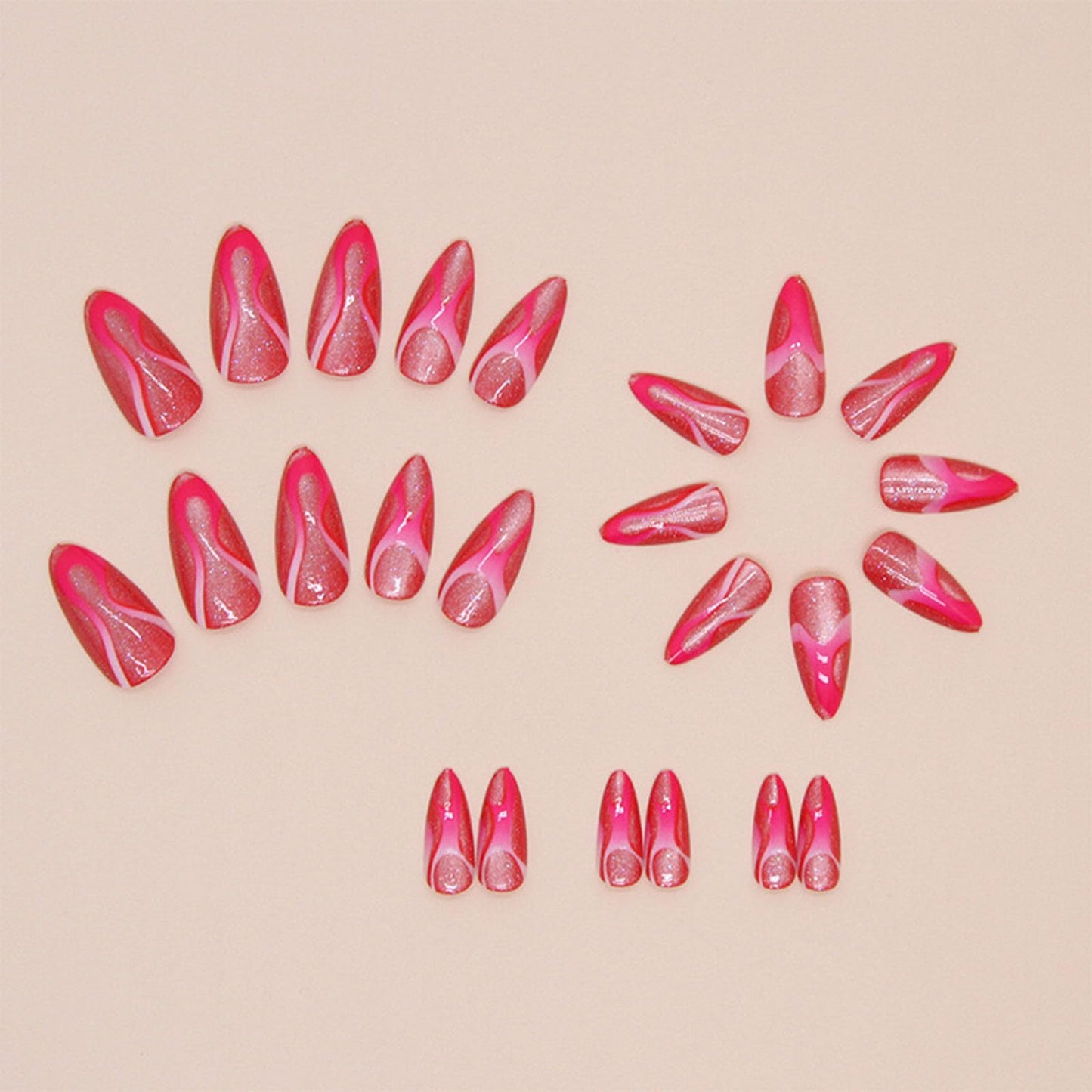 IMRAIN Hot Pink Press on Nails Medium Almond Fake Nails Cat Eye False Nails Bling Wave Glossy Acrylic Full Cover Artificial Stick on Nails for Women Girls 24Pcs