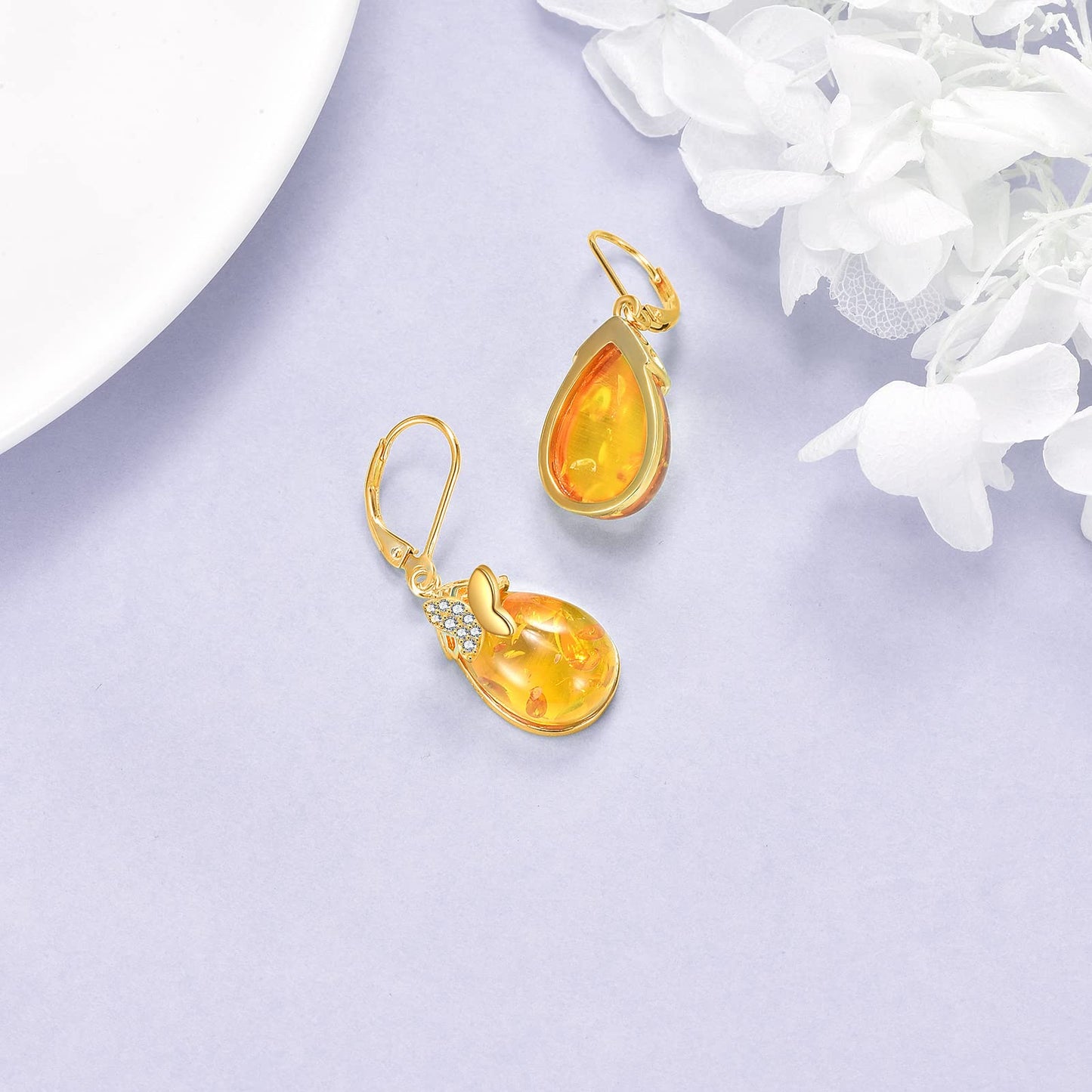 TIGER RIDER Butterfly Amber 925 Sterling Silver French Clasp Earrings Dangle Earrings Jewelry Gift for Women