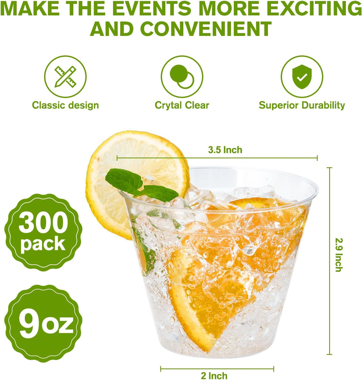 JollyPack 300 Pack Clear Plastic Cups 9 OZ Disposable Heavy-duty Drinking Cups for Christmas, Wedding, Home and Events